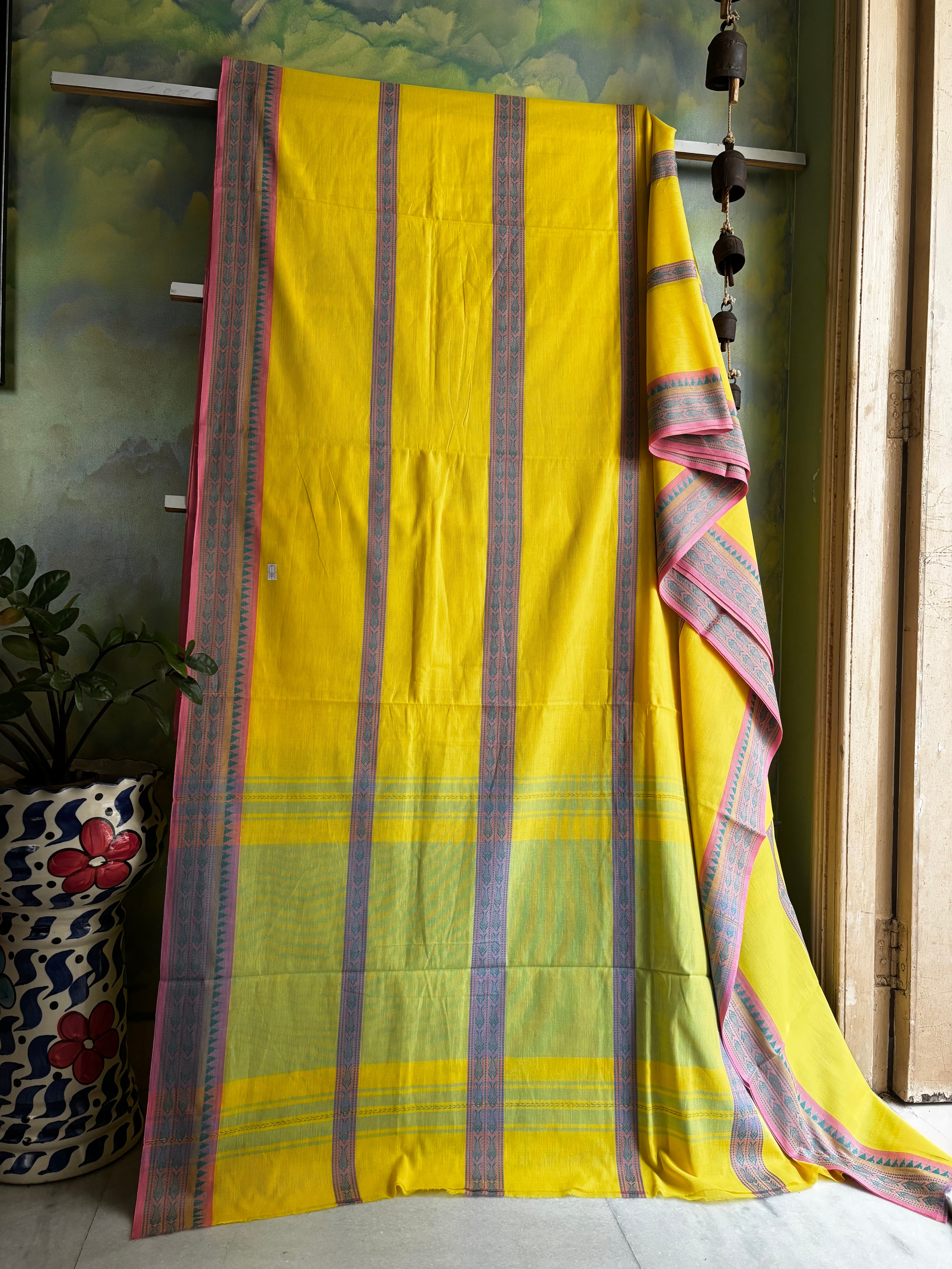 Handwoven Yellow Colour Dhonekhali Cotton Saree