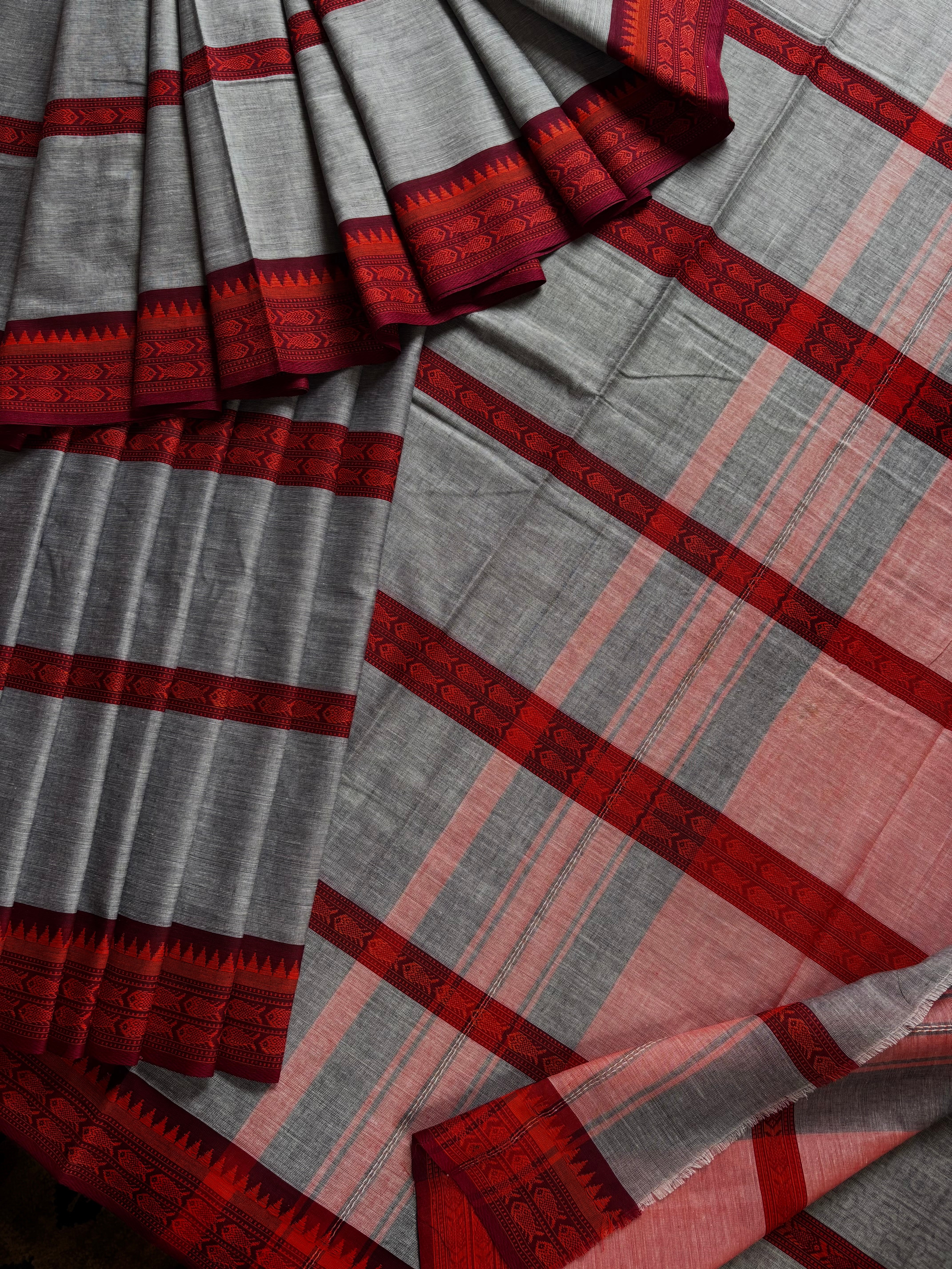 Handwoven Grey Red Cotton Dhonekhali Saree