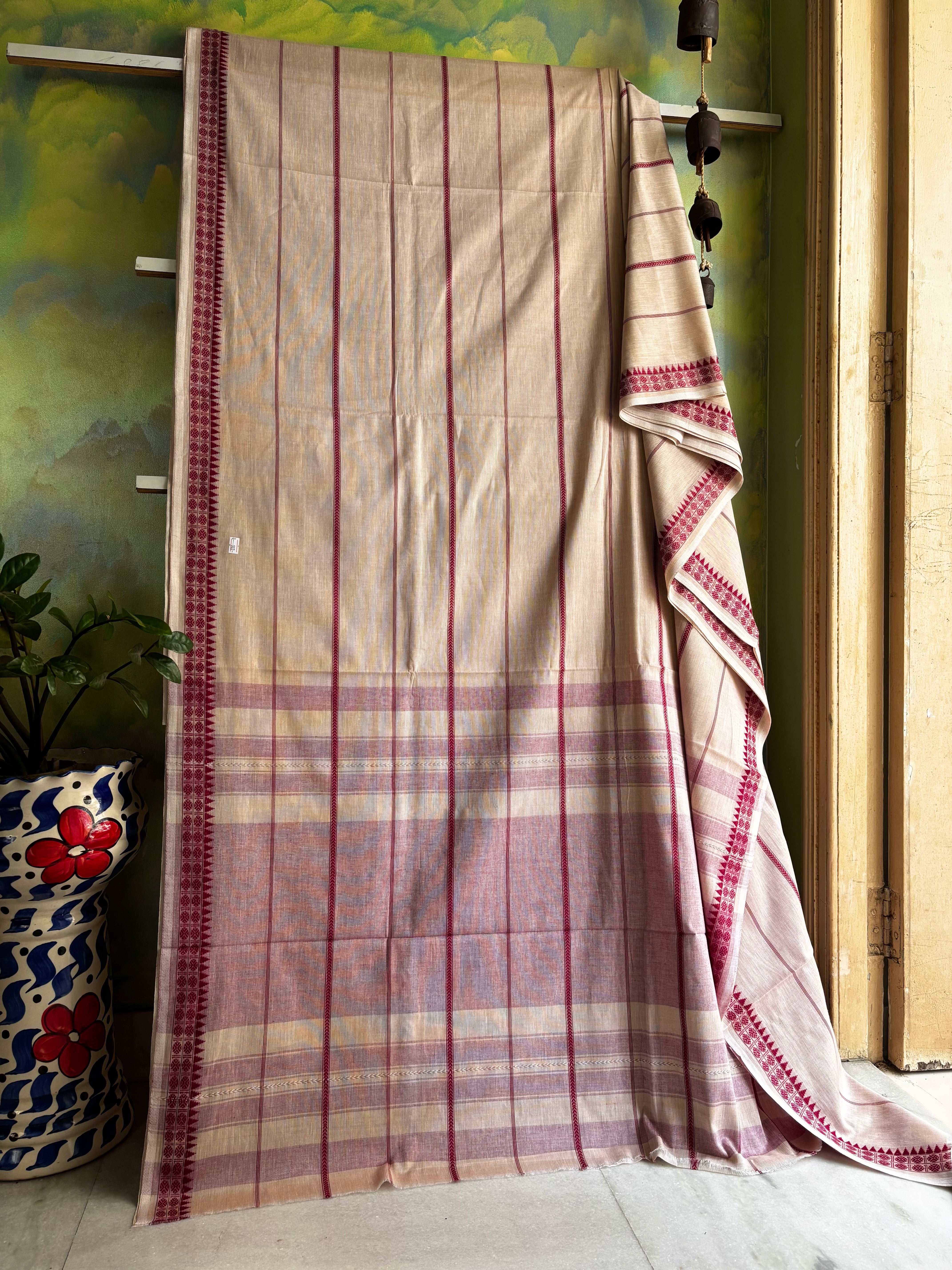Handowoven Very Light Beige with Pink Undertone Shade Dhonekhali Cotton Saree