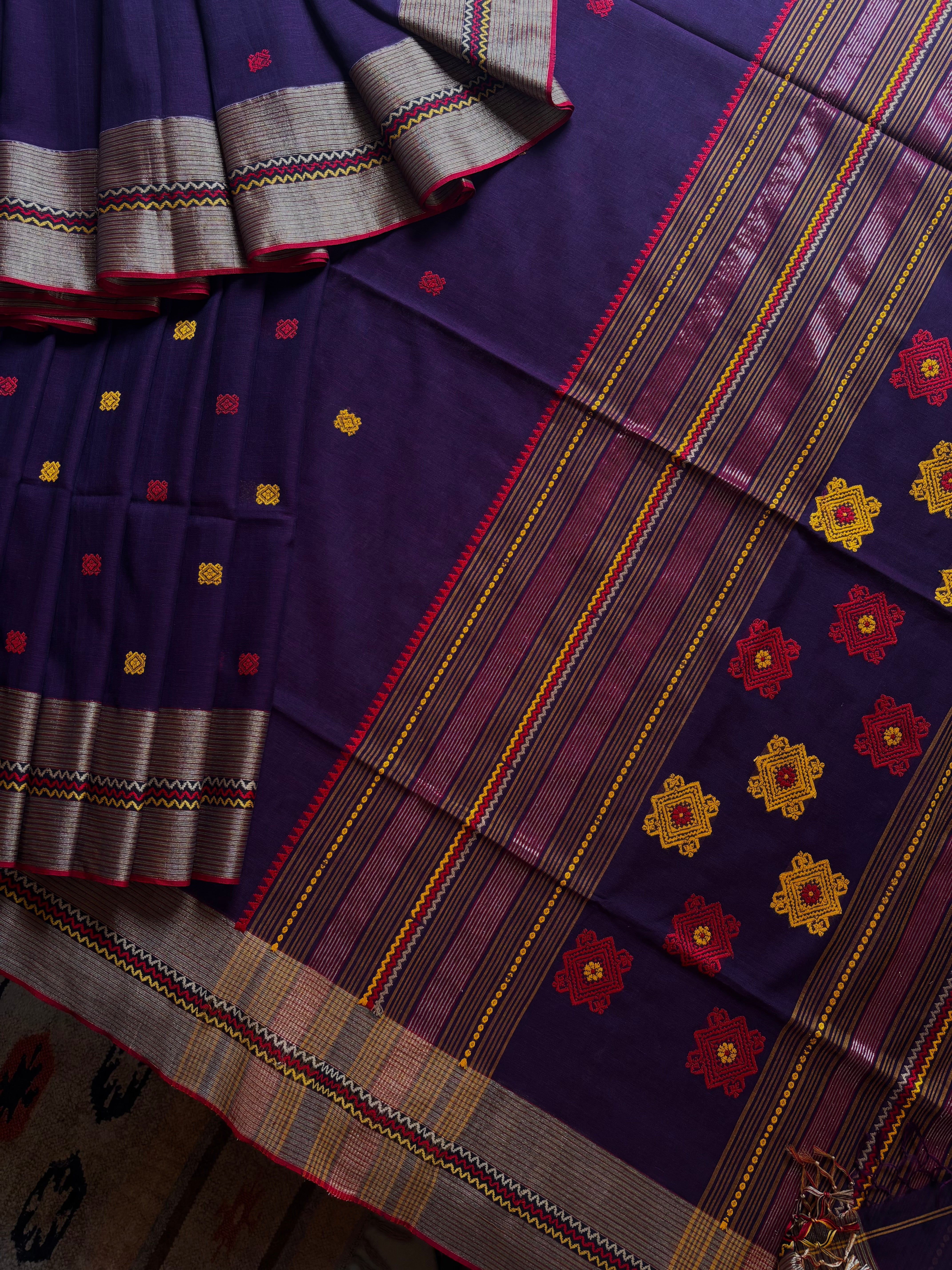 Handwoven Dark Purple Colour Phulia Cotton Saree