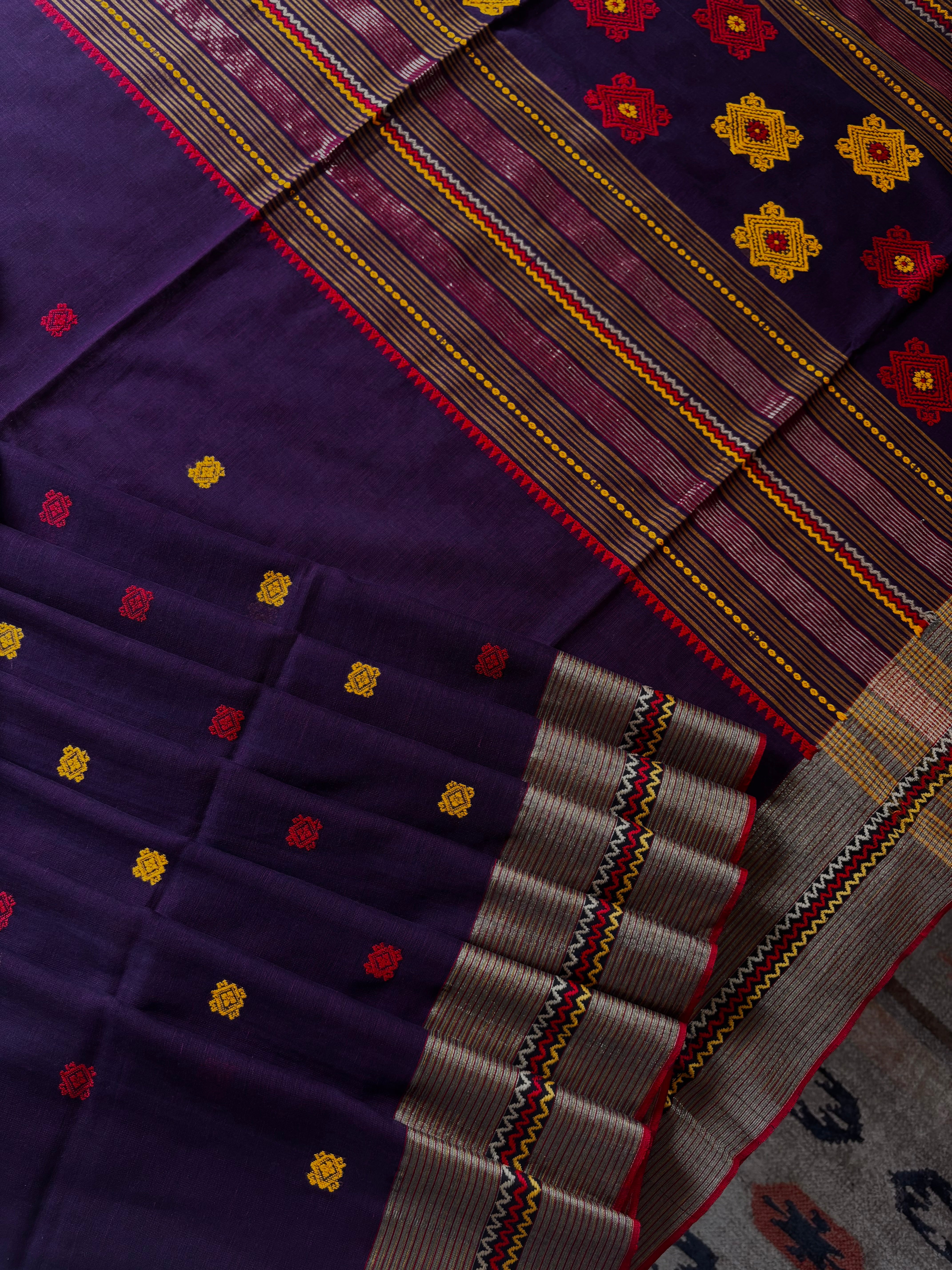 Handwoven Dark Purple Colour Phulia Cotton Saree