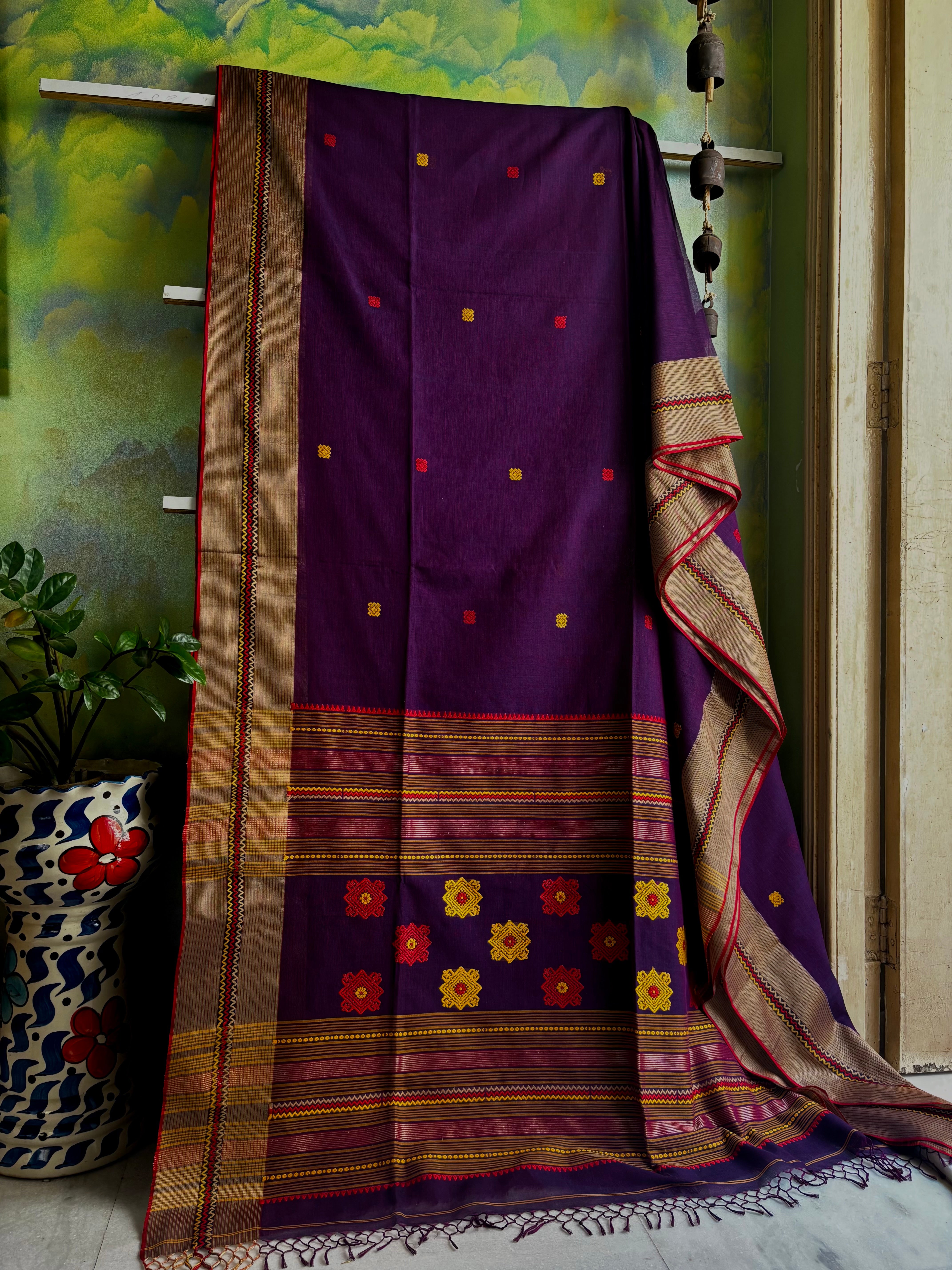 Handwoven Dark Purple Colour Phulia Cotton Saree