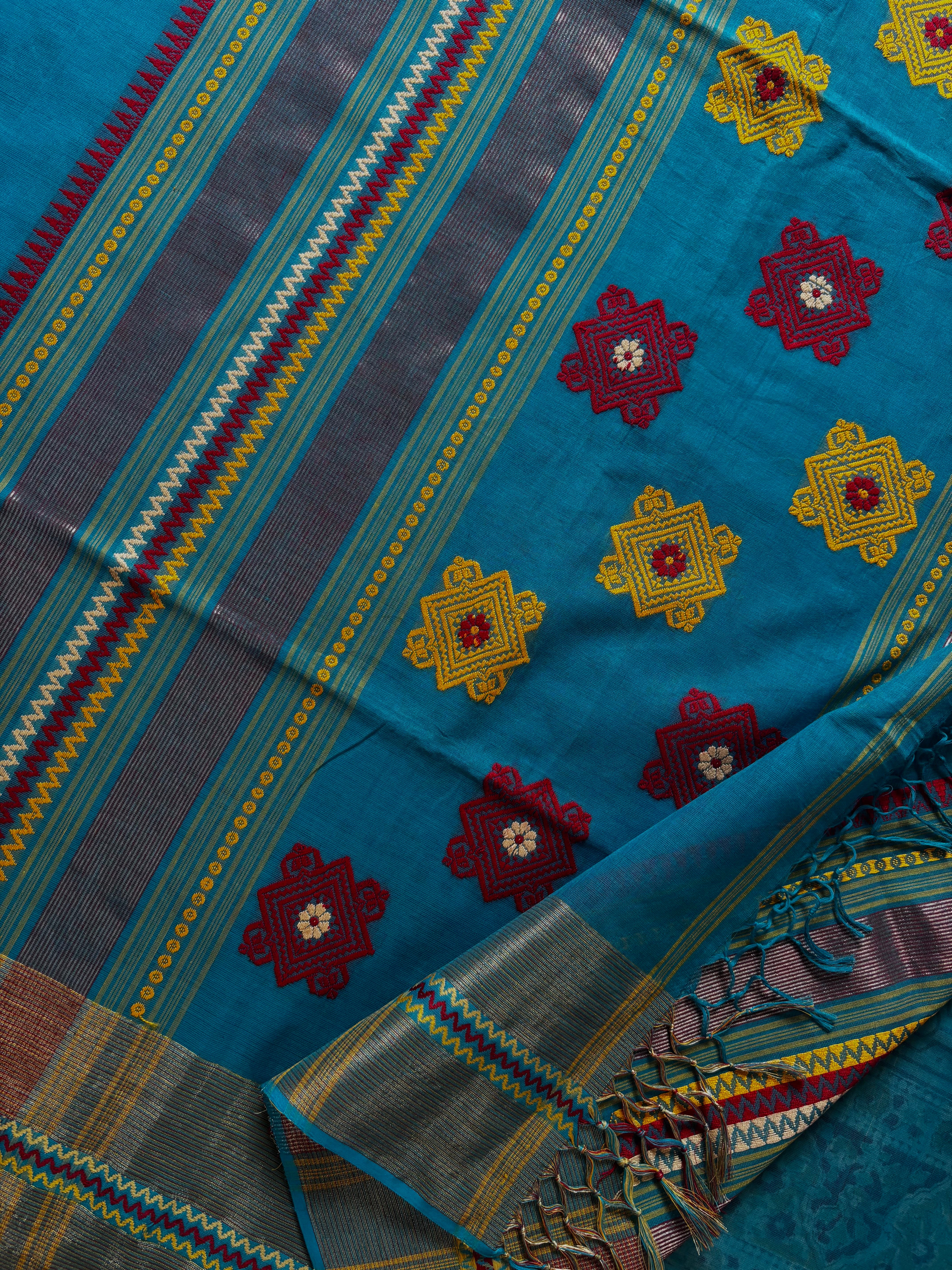 Handwoven Dark Firozi Blue Colour Phulia Cotton Saree