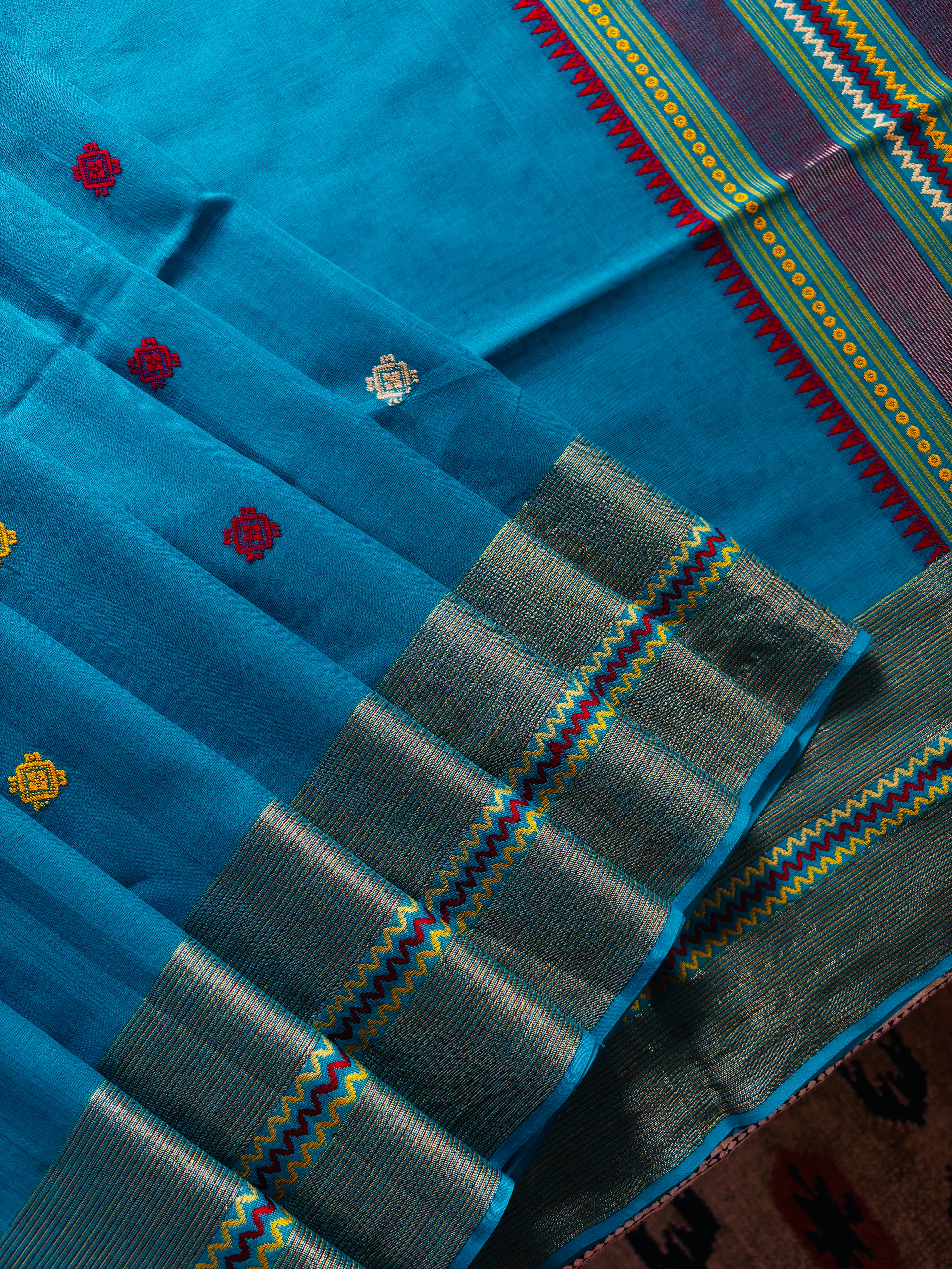 Handwoven Dark Firozi Blue Colour Phulia Cotton Saree