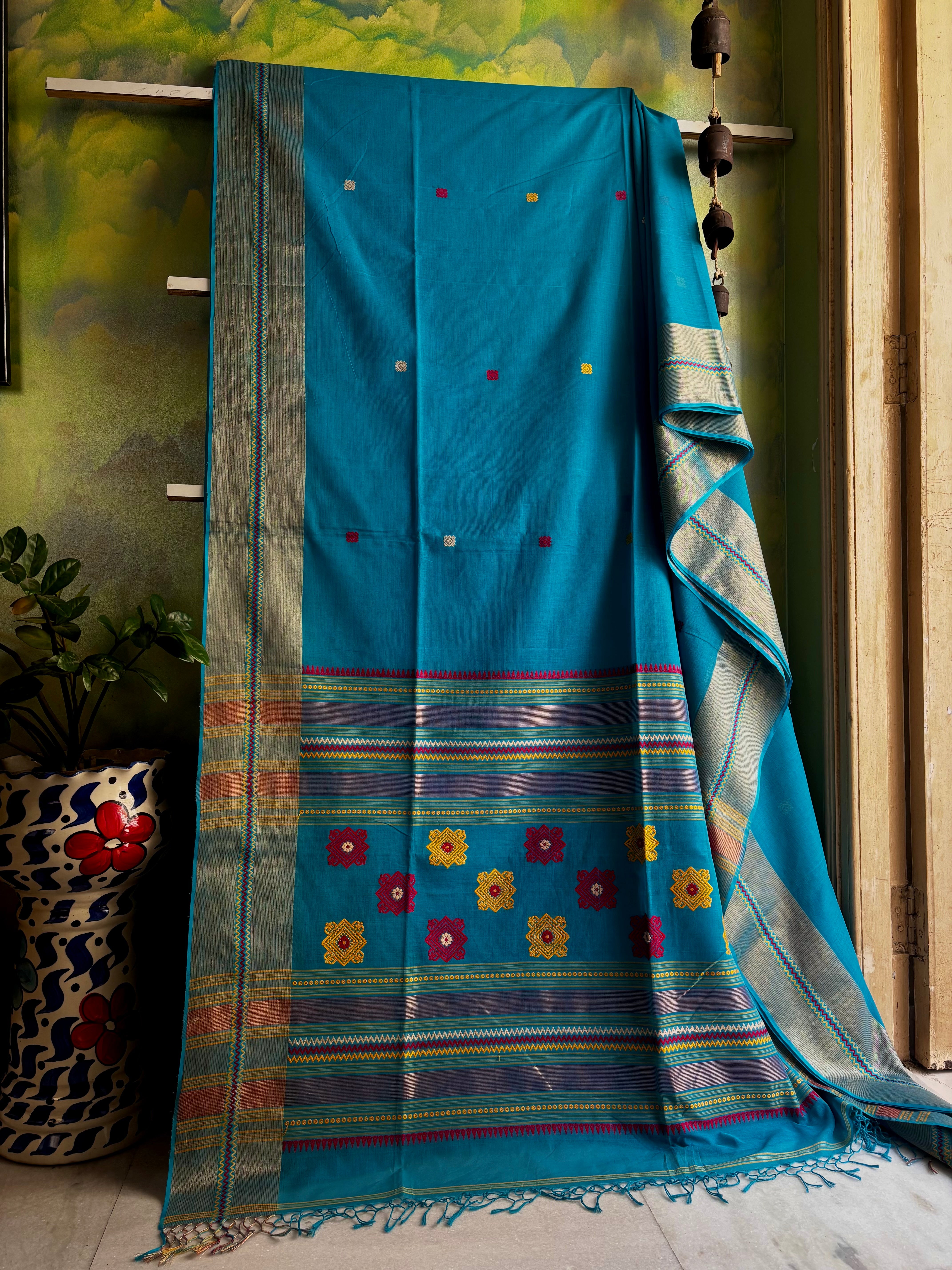 Handwoven Dark Firozi Blue Colour Phulia Cotton Saree