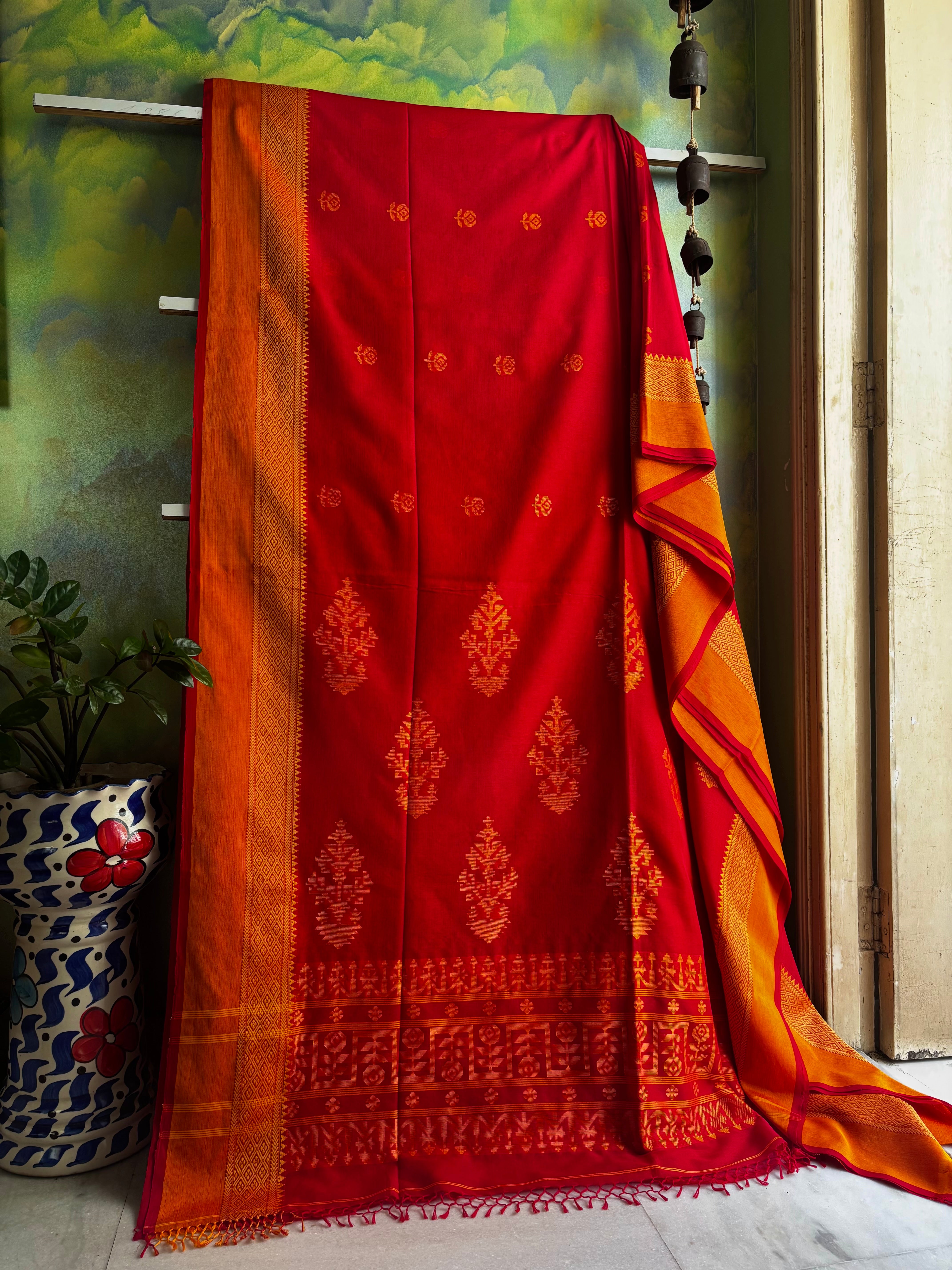 Handwoven Red Colour Cotton Jamdani Saree