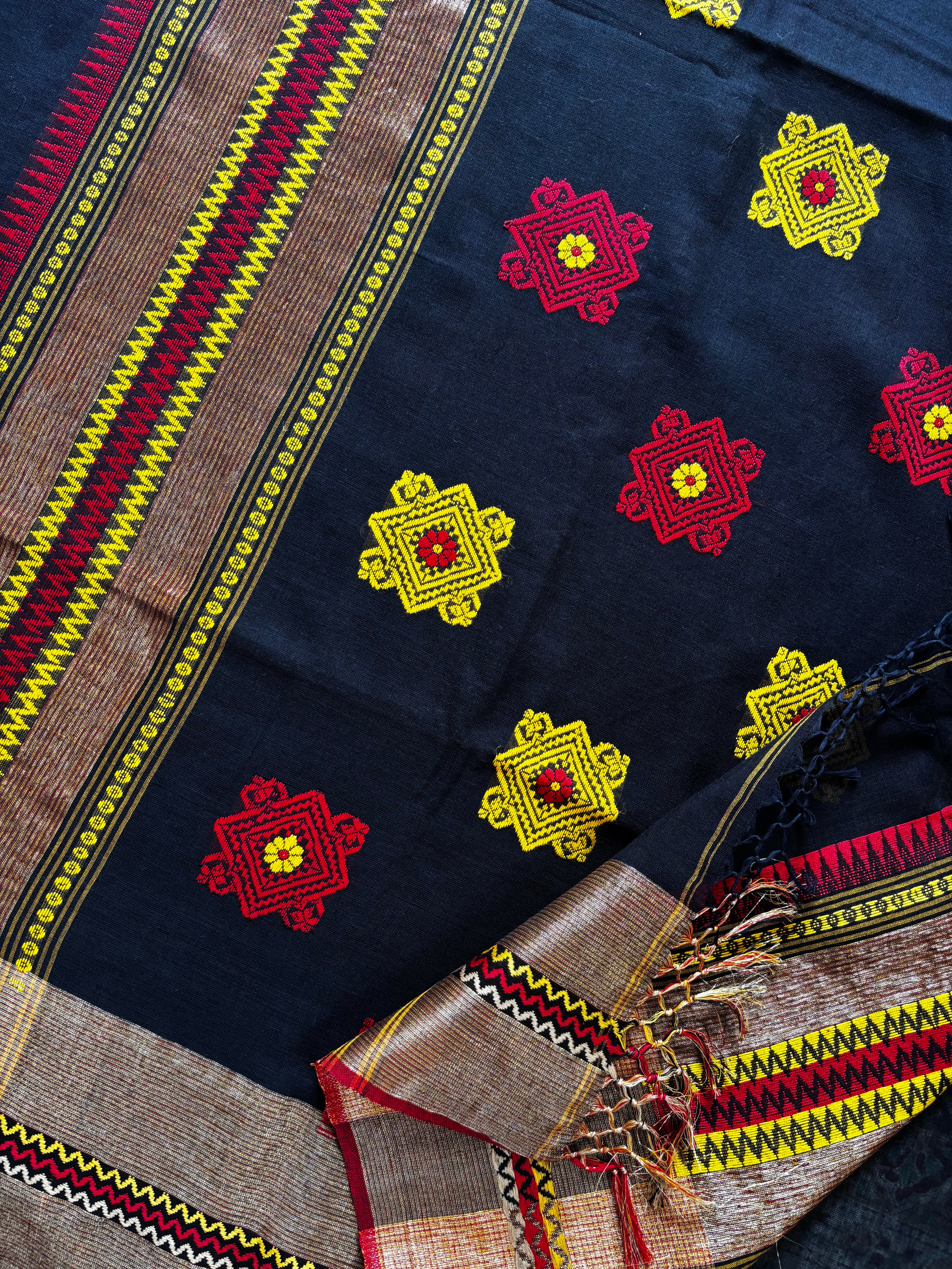 Handwoven Dark Midnight Blue Colour Phulia Cotton Saree