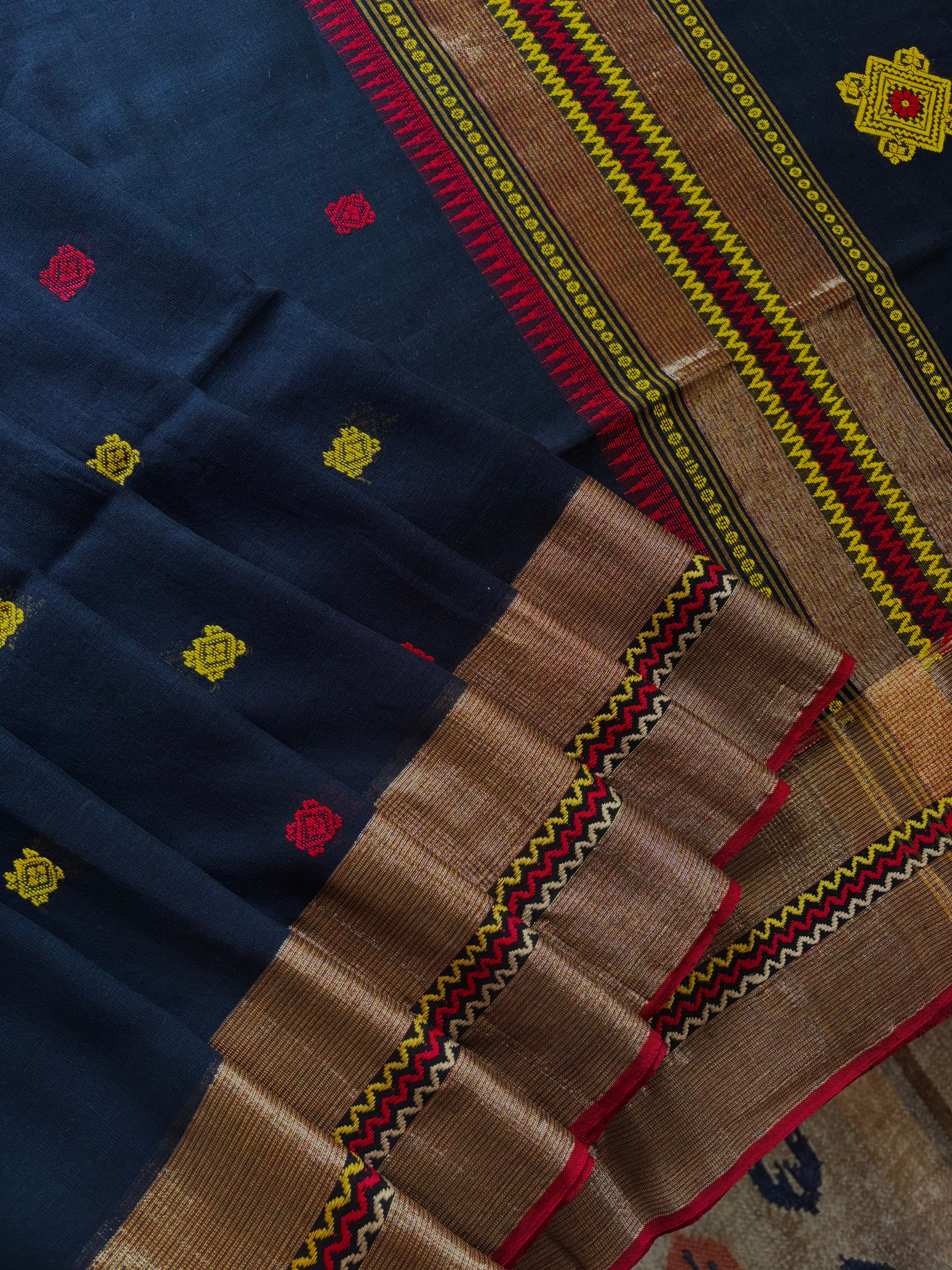 Handwoven Dark Midnight Blue Colour Phulia Cotton Saree