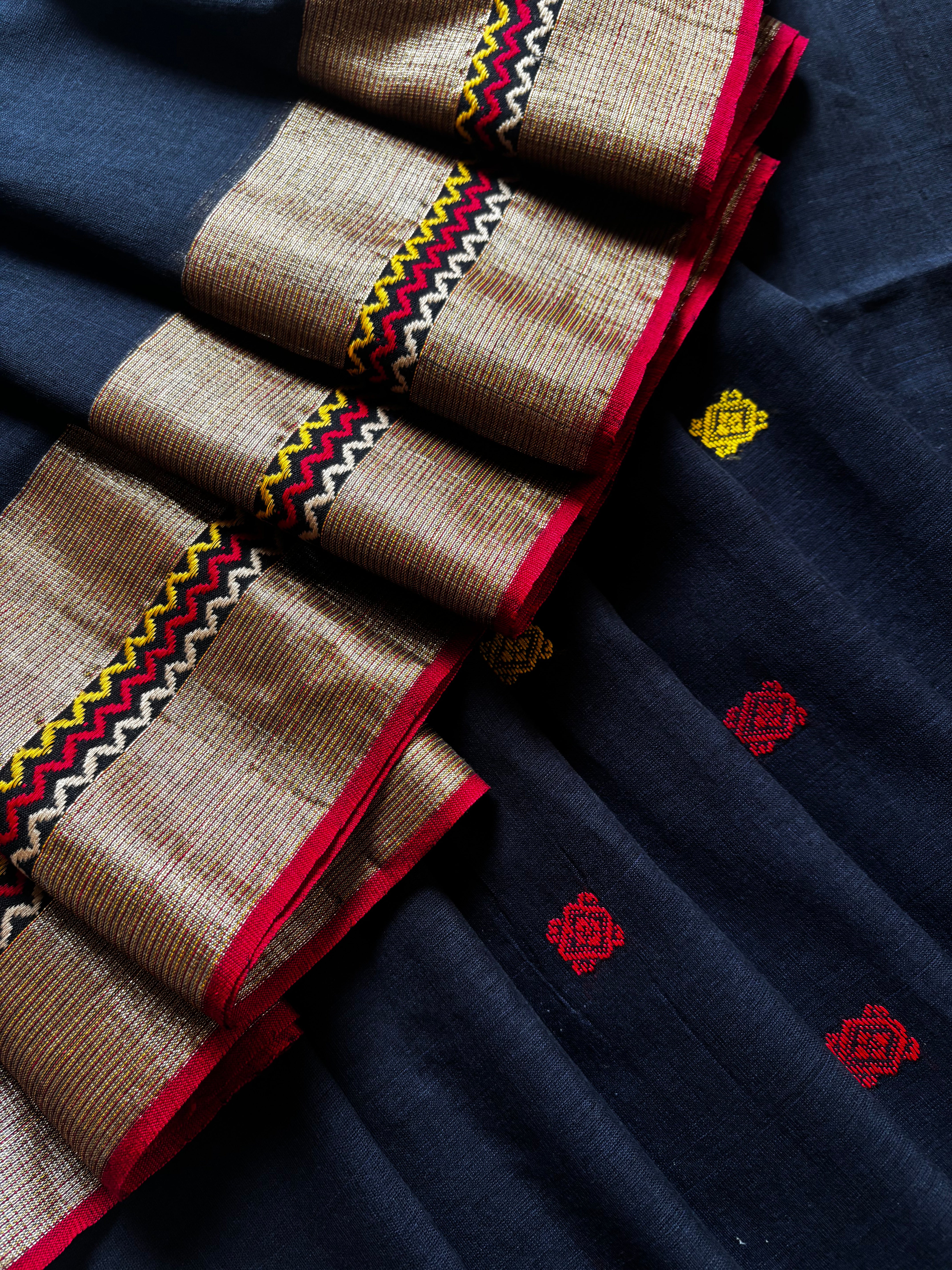 Handwoven Dark Midnight Blue Colour Phulia Cotton Saree