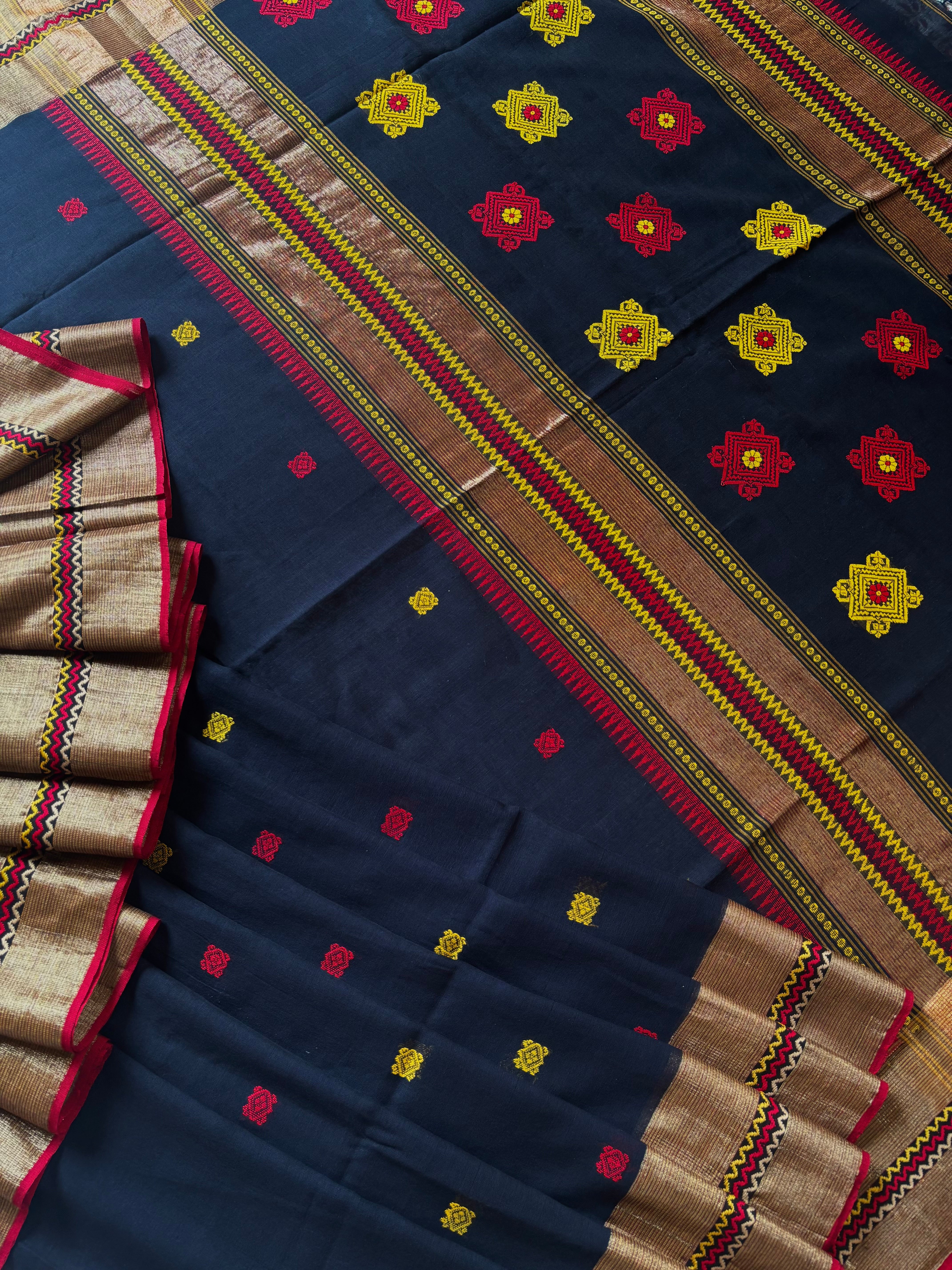 Handwoven Dark Midnight Blue Colour Phulia Cotton Saree