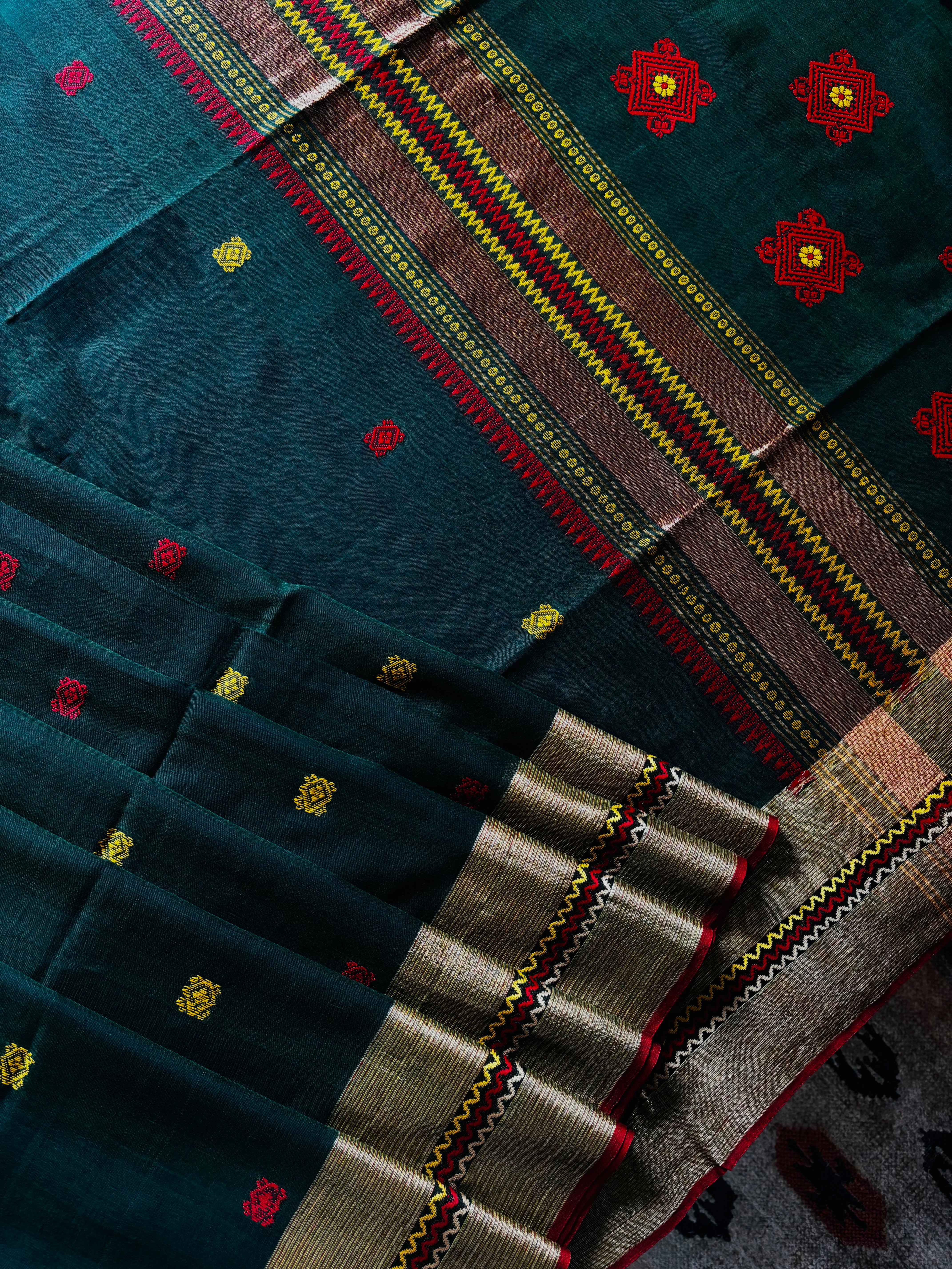 Handwoven Dark Green Blue Dual Toned Phulia Cotton Saree