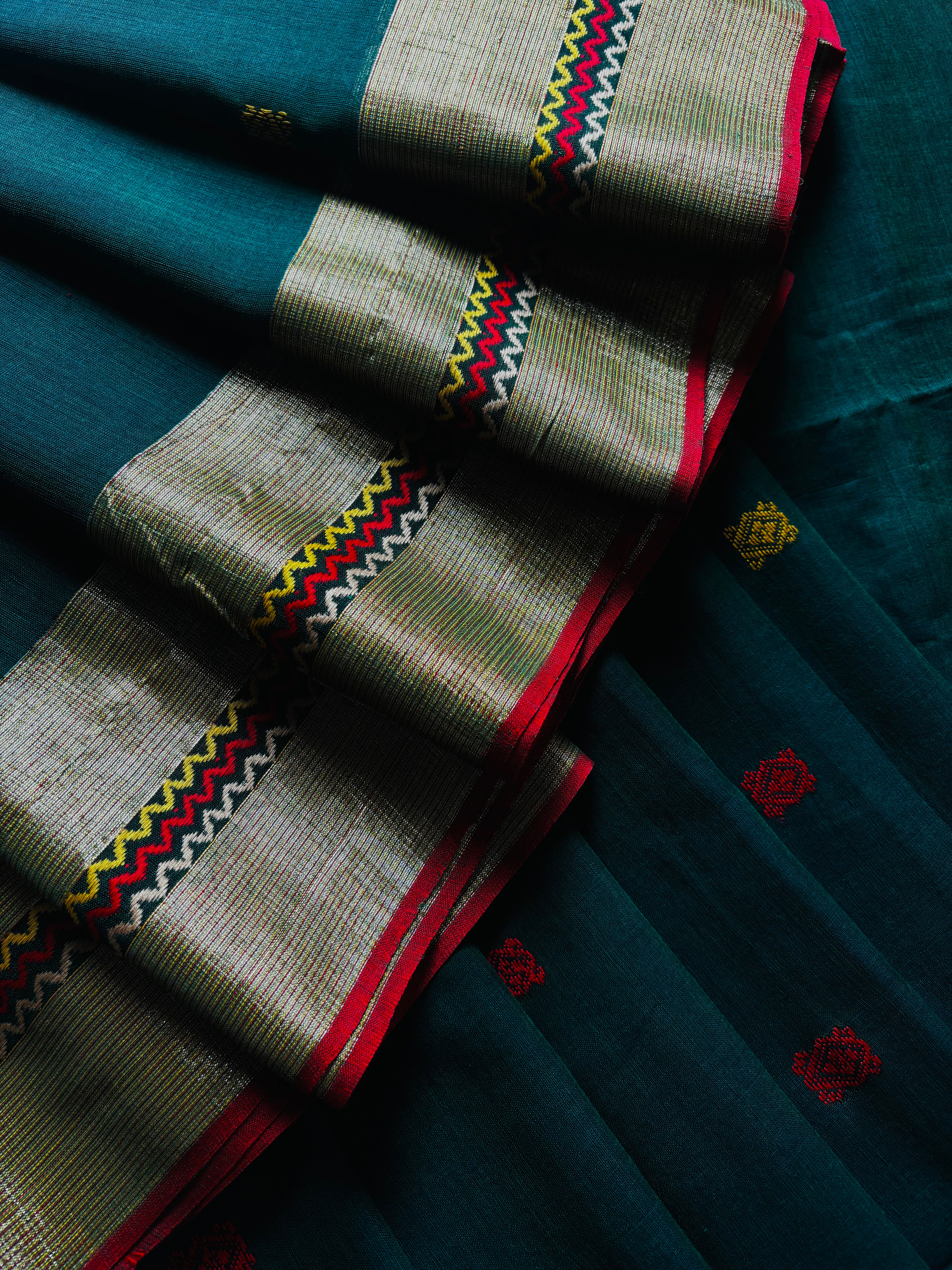 Handwoven Dark Green Blue Dual Toned Phulia Cotton Saree