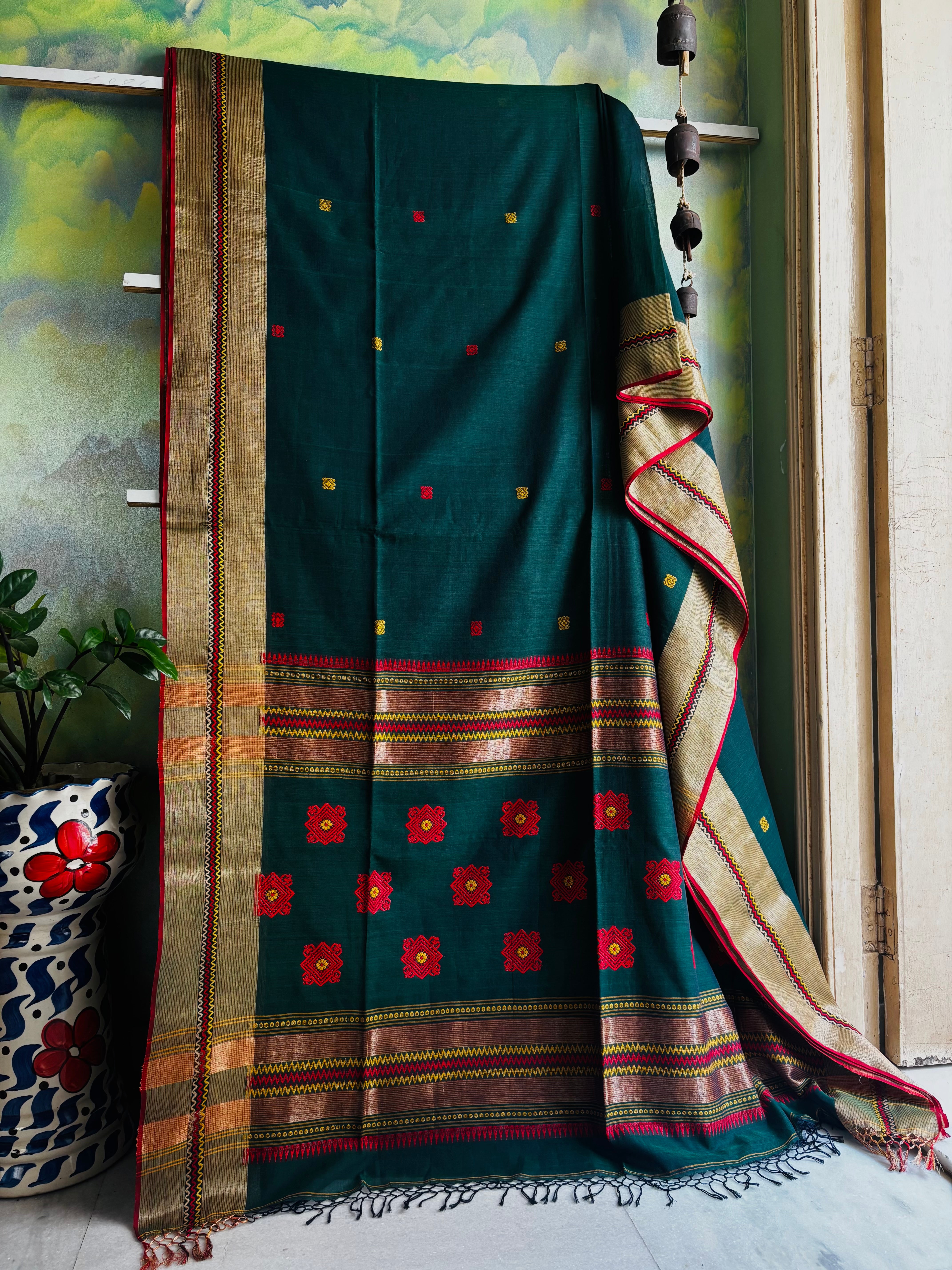 Handwoven Dark Green Blue Dual Toned Phulia Cotton Saree