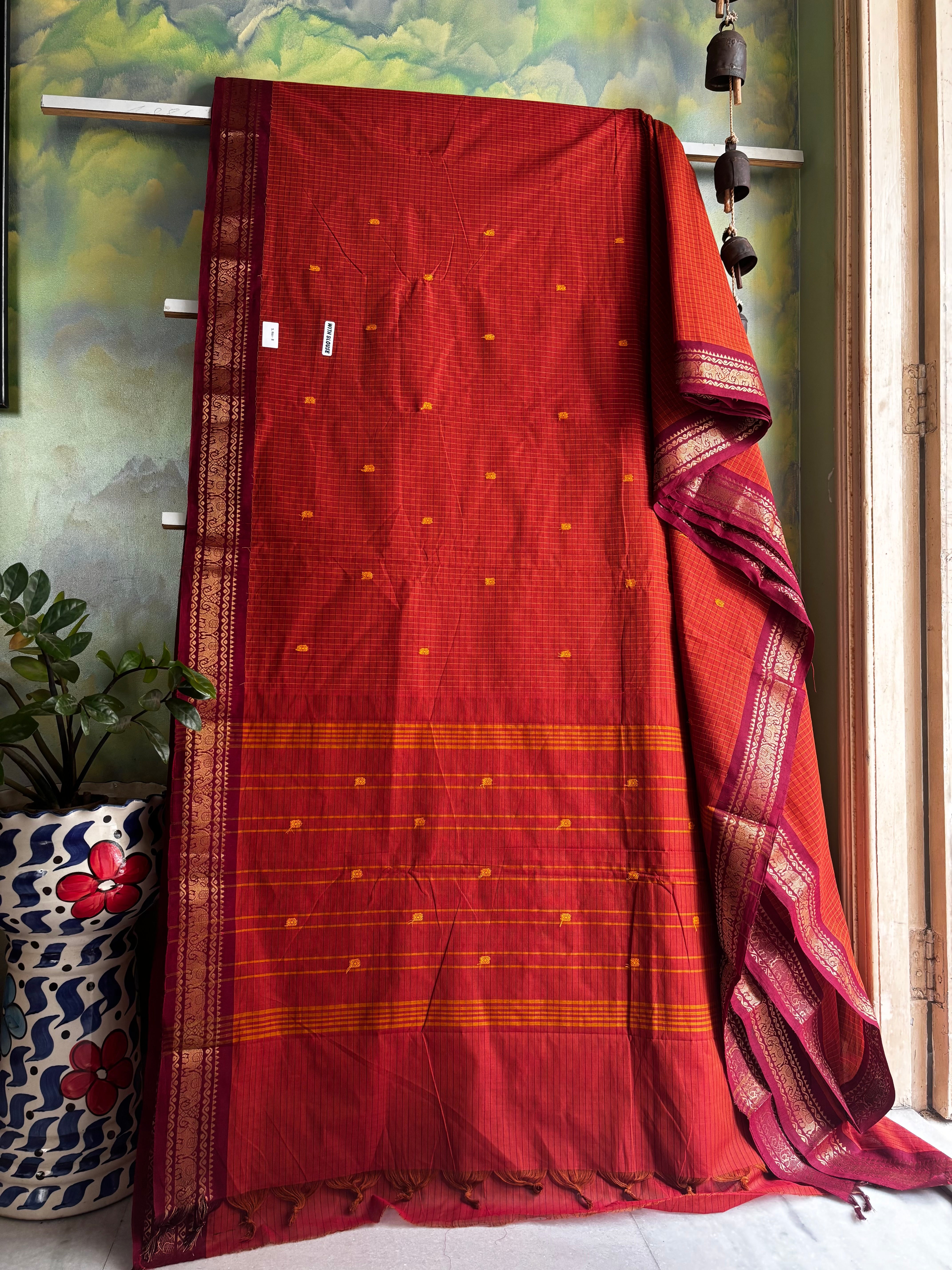 Rusty Orange Cotton Kanchipuram Saree