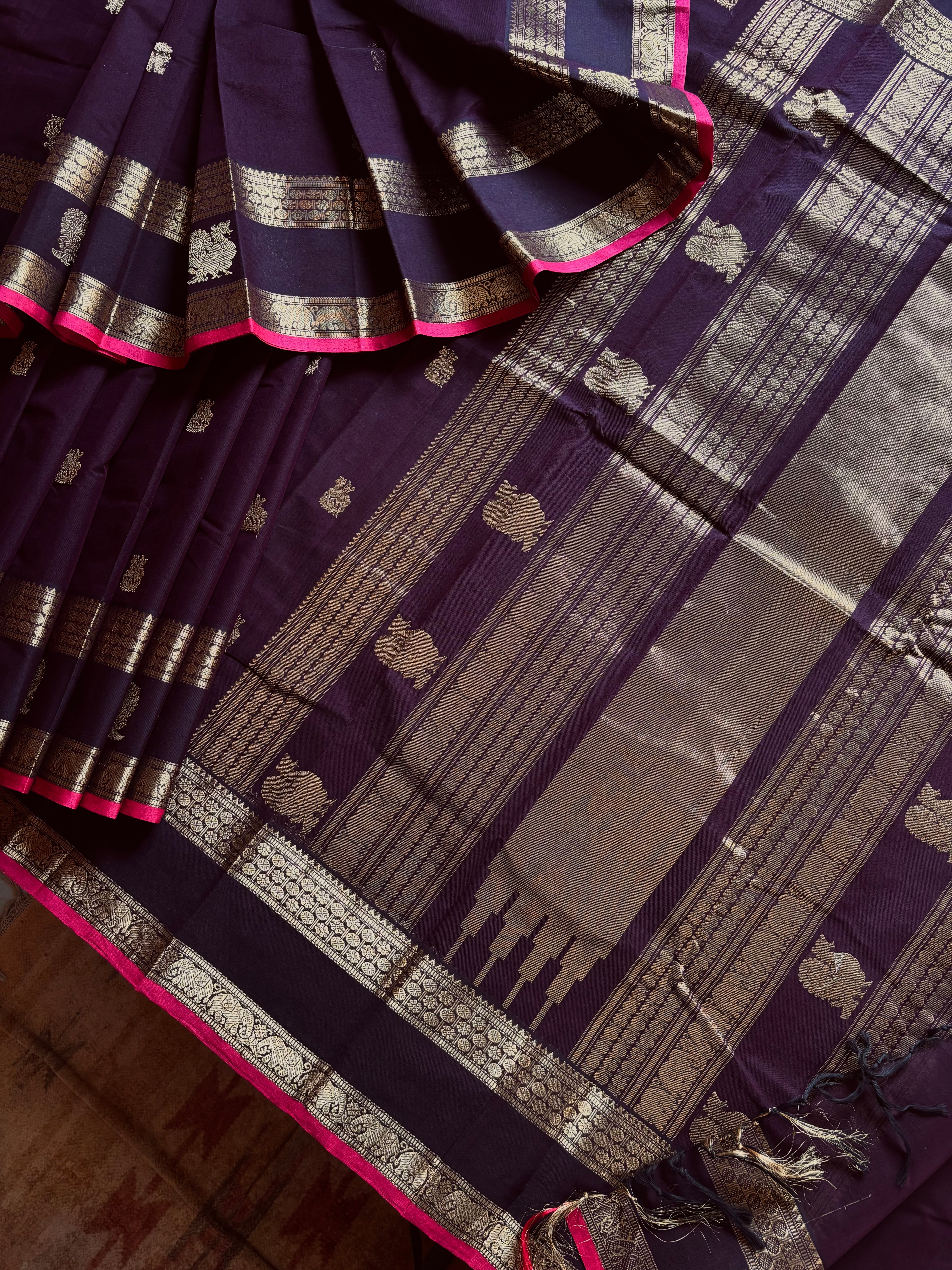 Handwoven Plum Colour Cotton Kanchipuram Saree