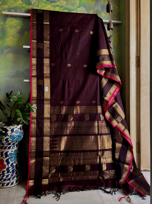 Handwoven Plum Colour Cotton Kanchipuram Saree