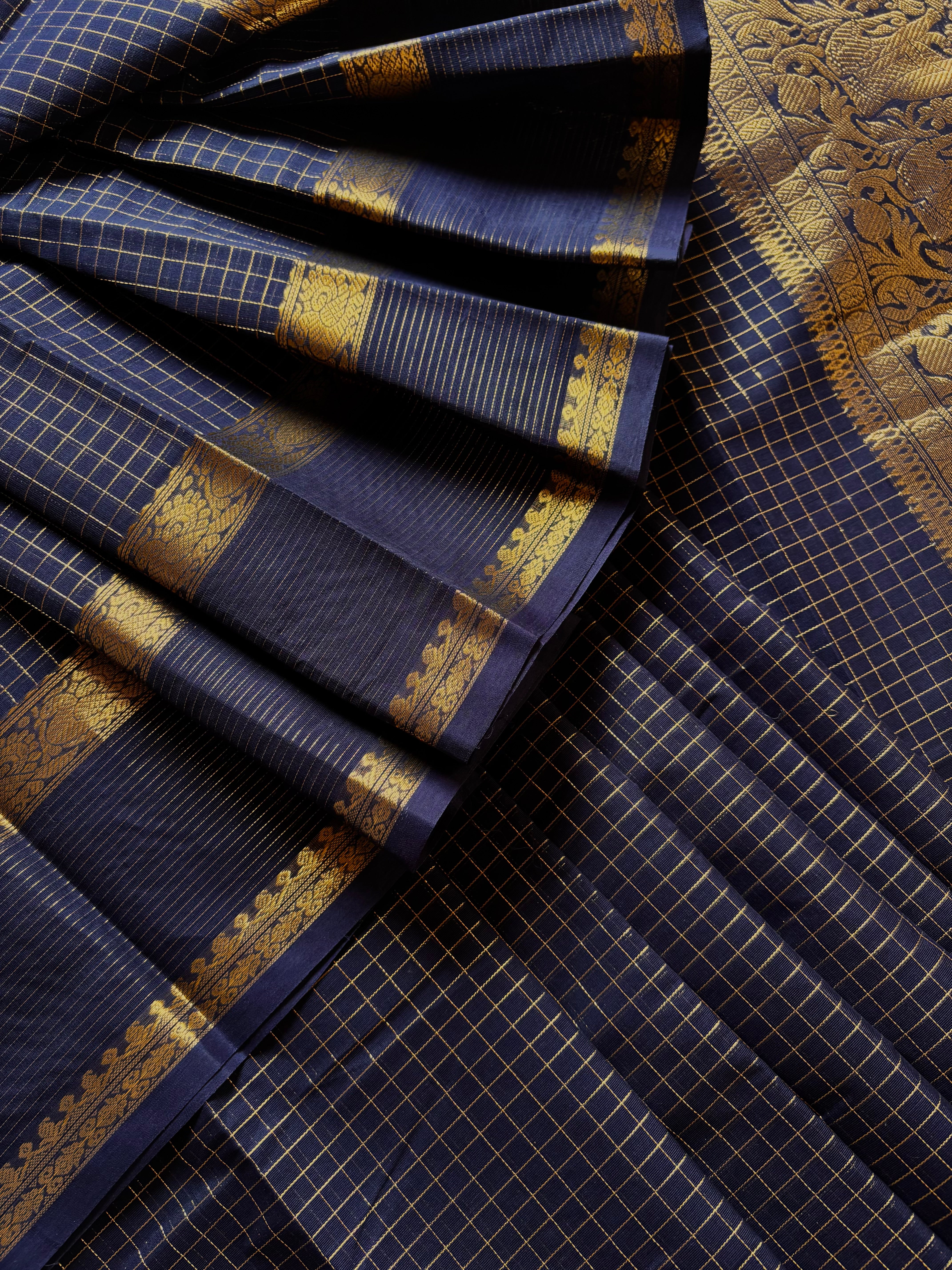 Handwoven Navy Blue Cotton Kanchipuram Saree