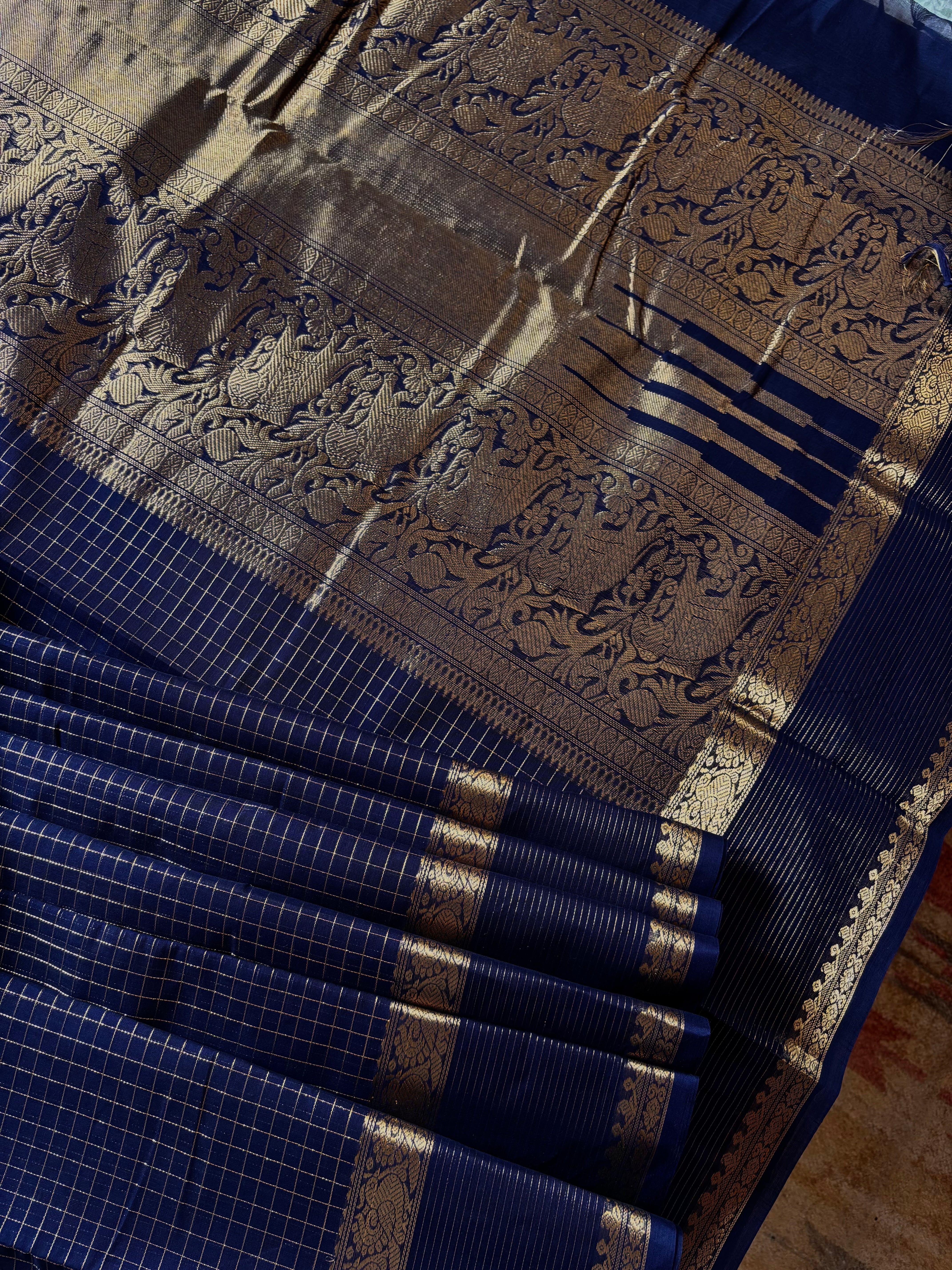 Handwoven Navy Blue Cotton Kanchipuram Saree