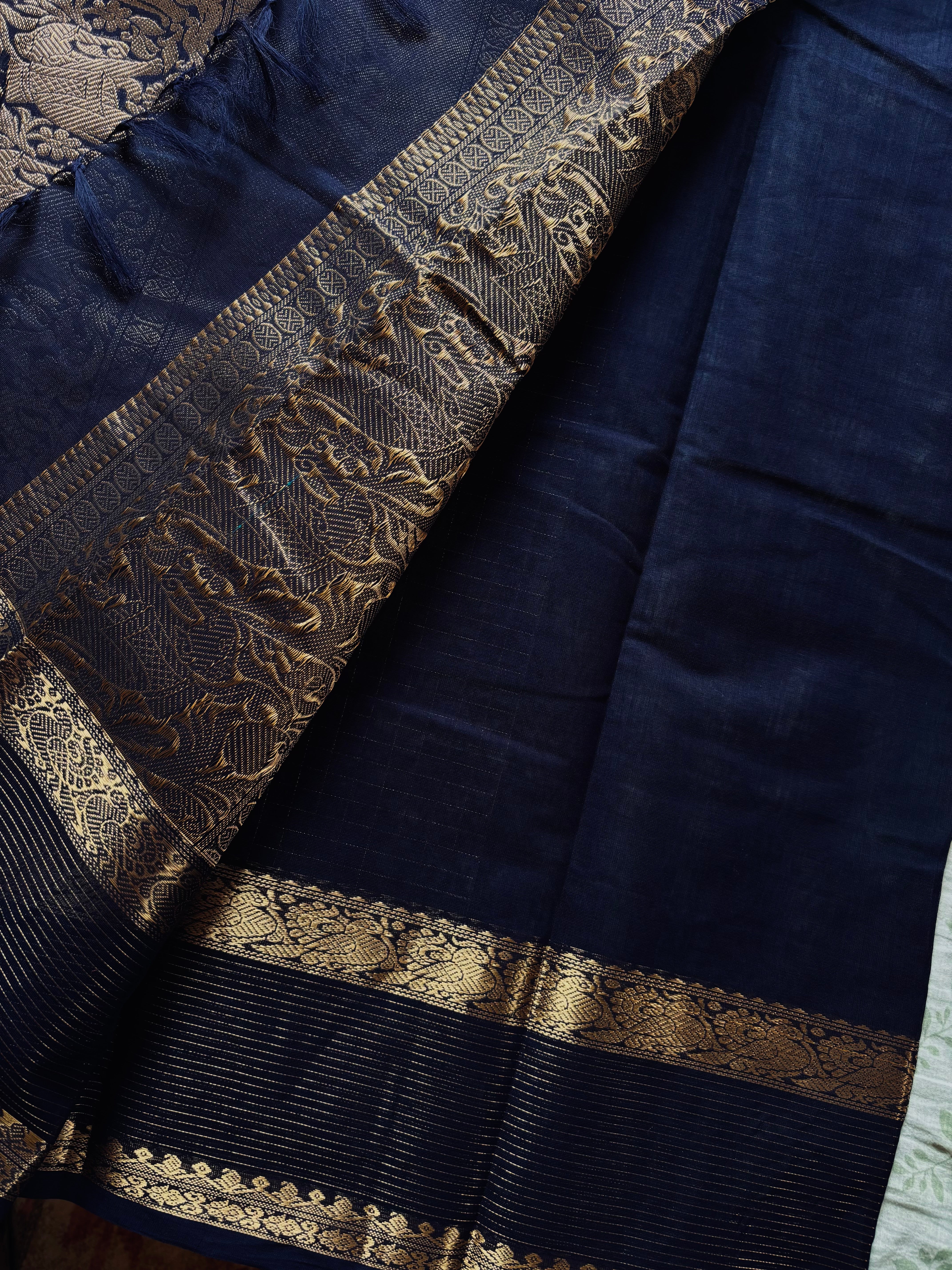 Handwoven Navy Blue Cotton Kanchipuram Saree