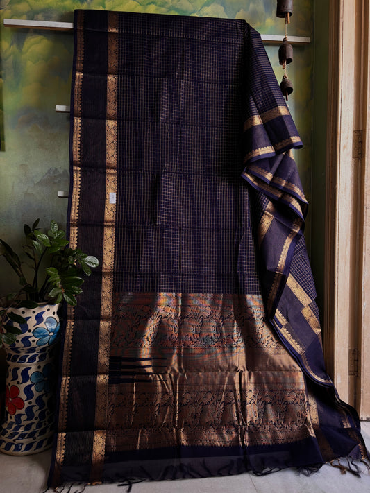 Handwoven Navy Blue Cotton Kanchipuram Saree