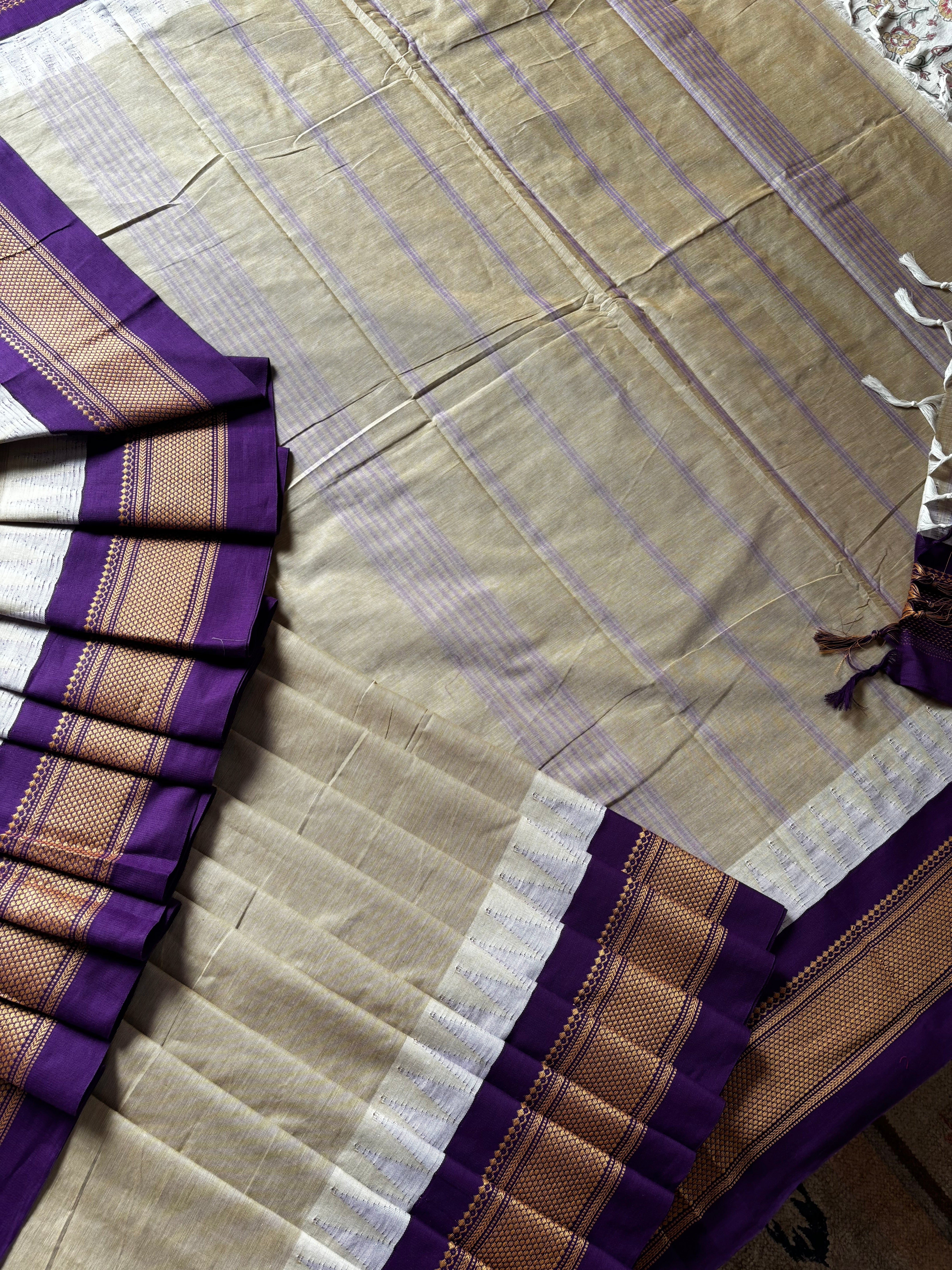 Handwoven Beige Purple Cotton Kanchipuram Saree