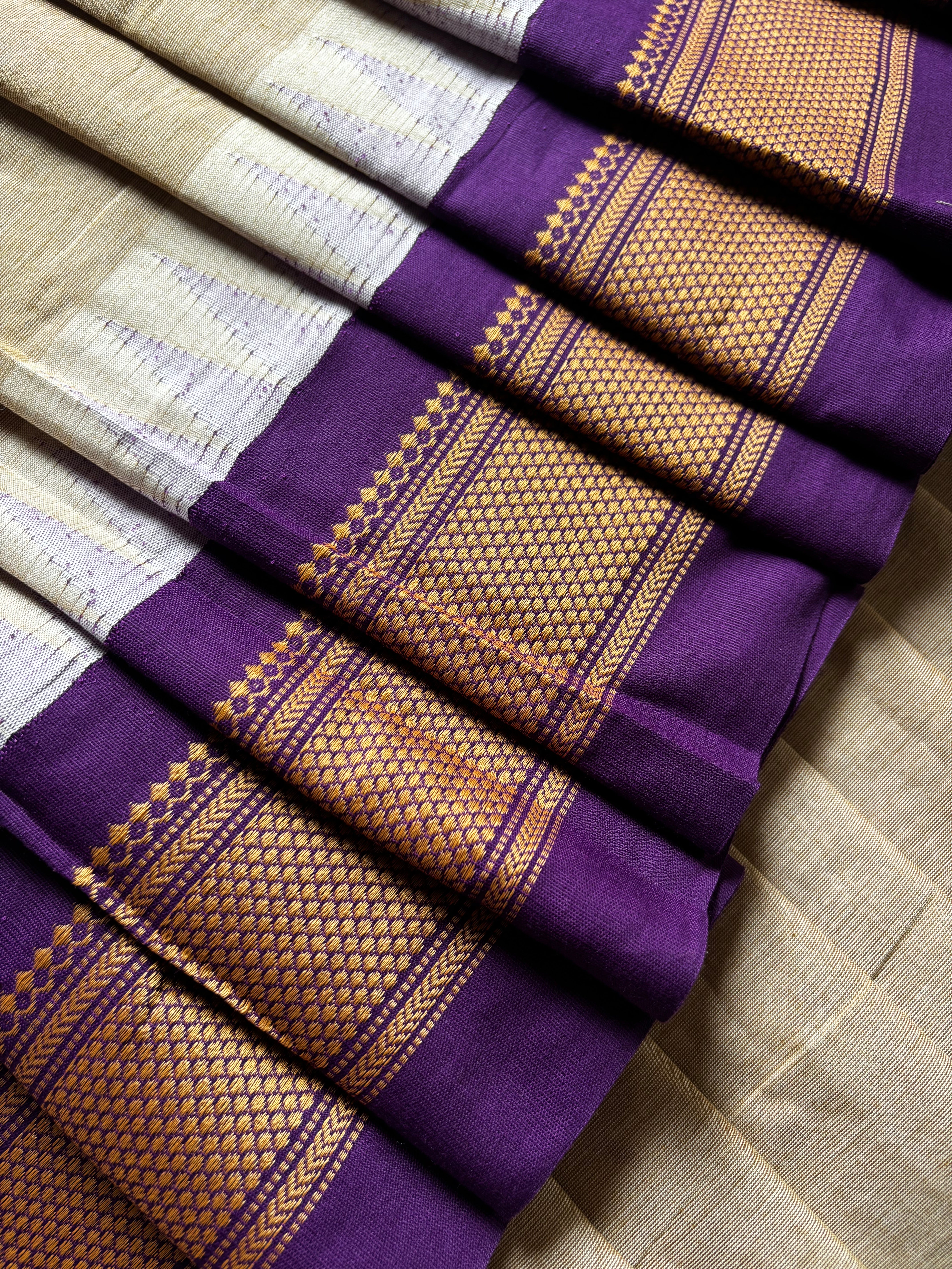 Handwoven Beige Purple Cotton Kanchipuram Saree