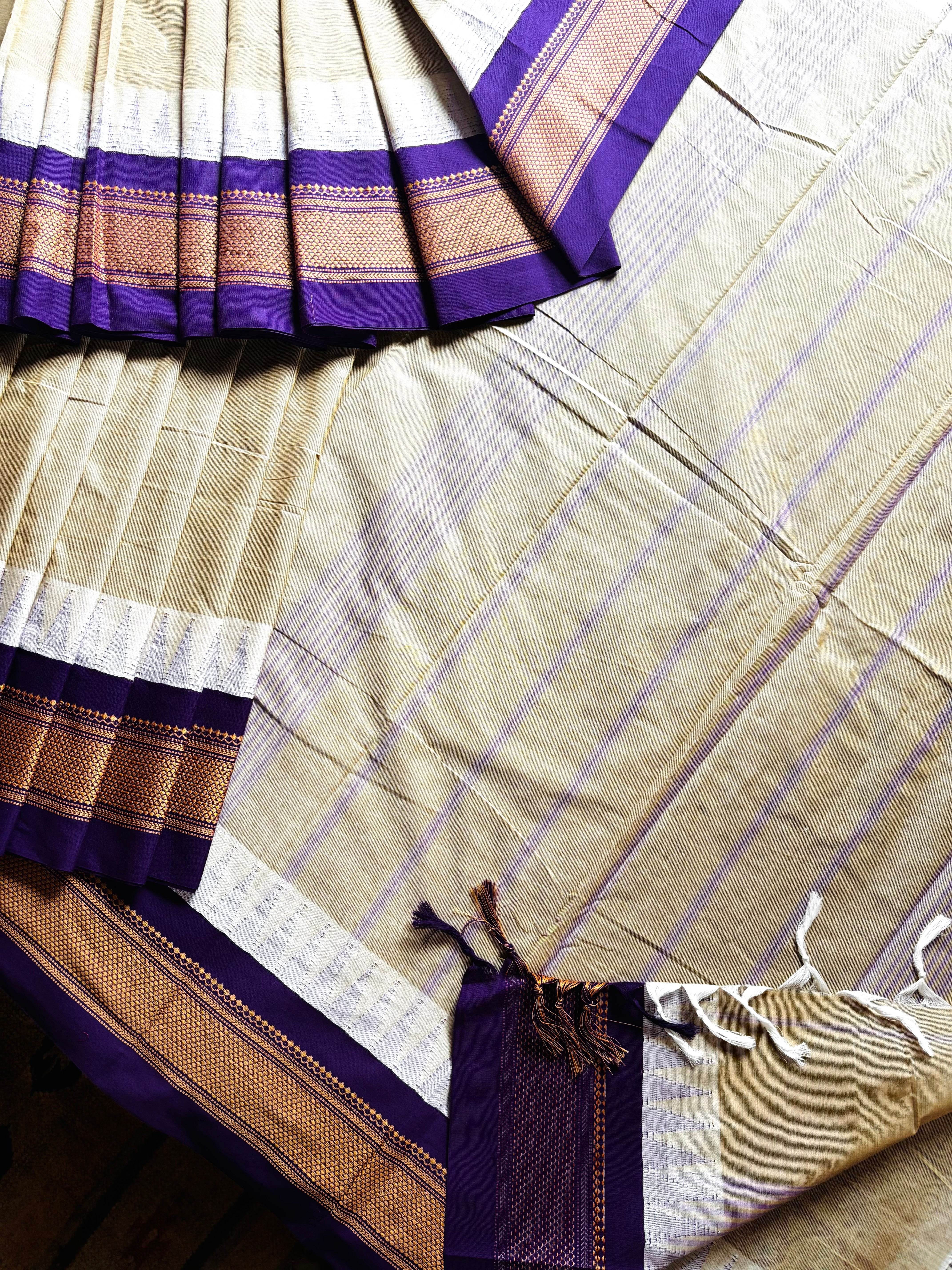 Handwoven Beige Purple Cotton Kanchipuram Saree