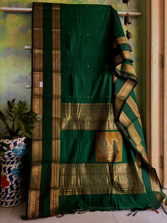 Handwoven Emerald Green Cotton Kanchipuram Saree