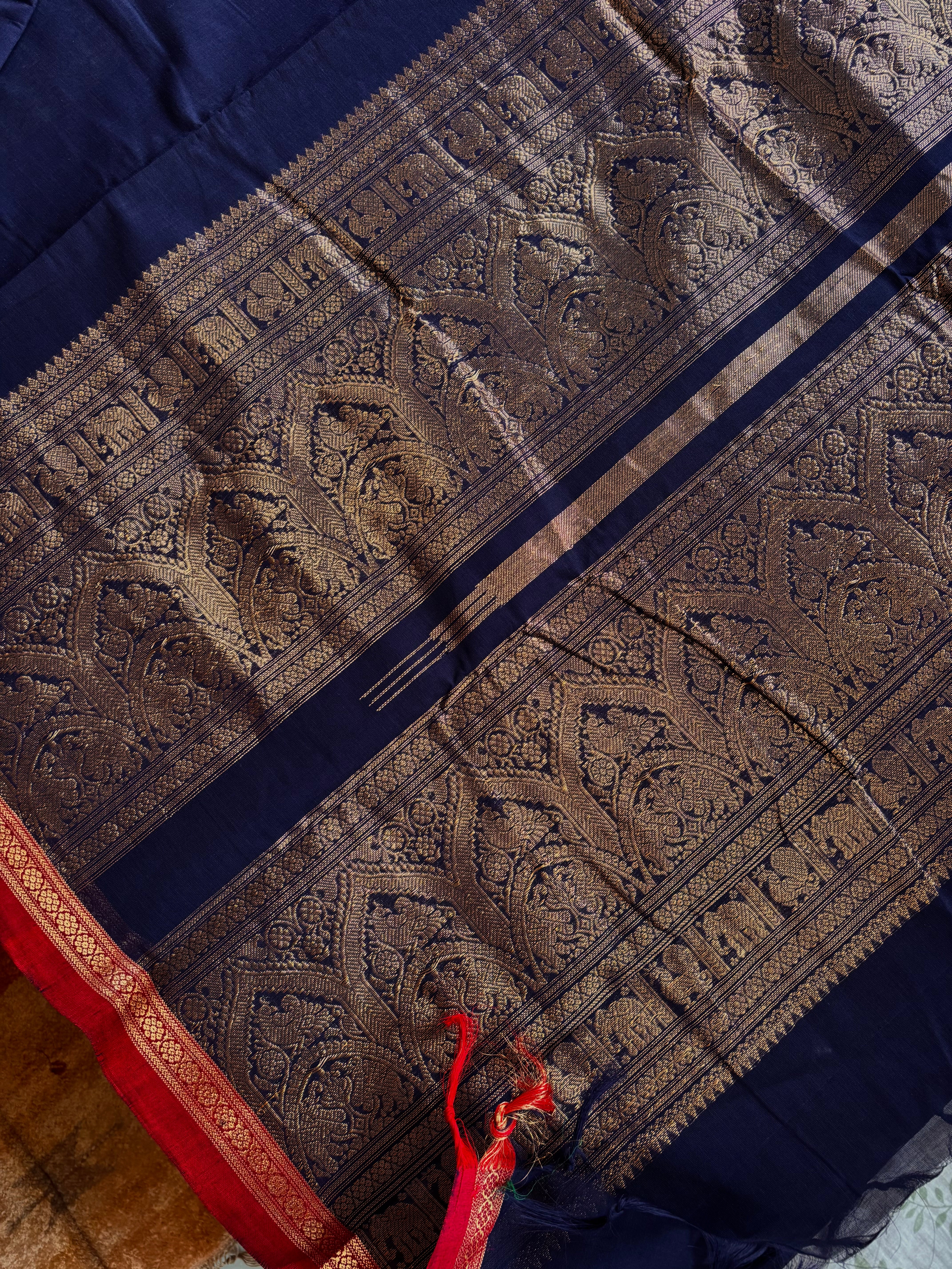 Handwoven Navy Blue Cotton Kanchipuram Saree