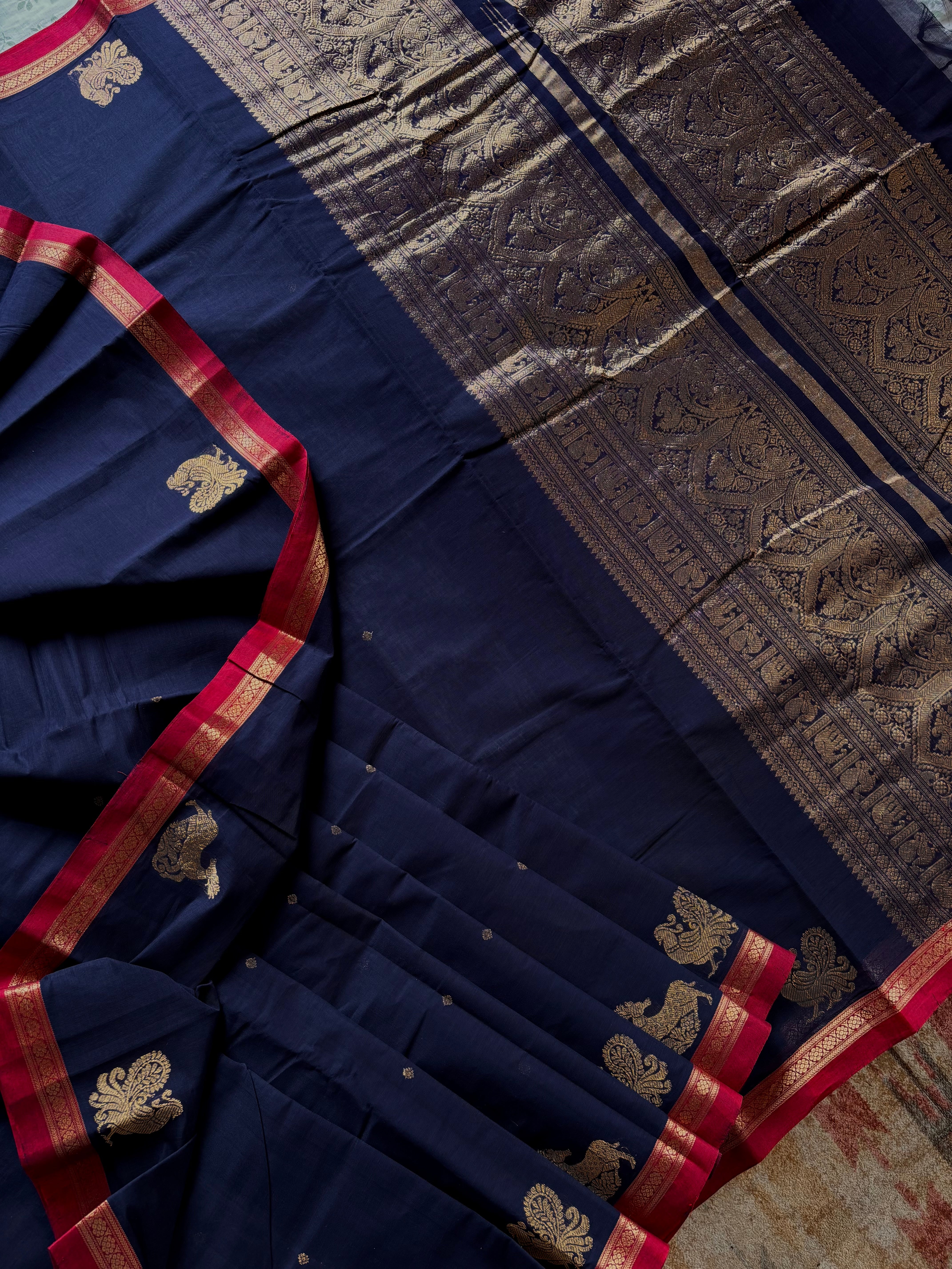 Handwoven Navy Blue Cotton Kanchipuram Saree
