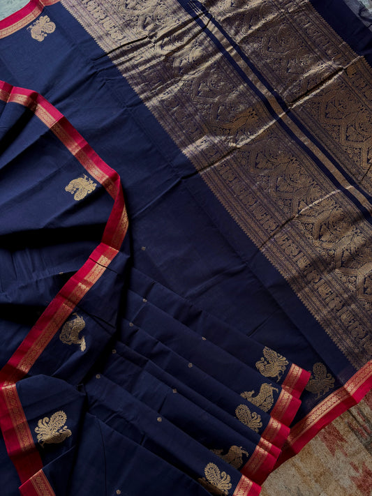 Handwoven Navy Blue Cotton Kanchipuram Saree