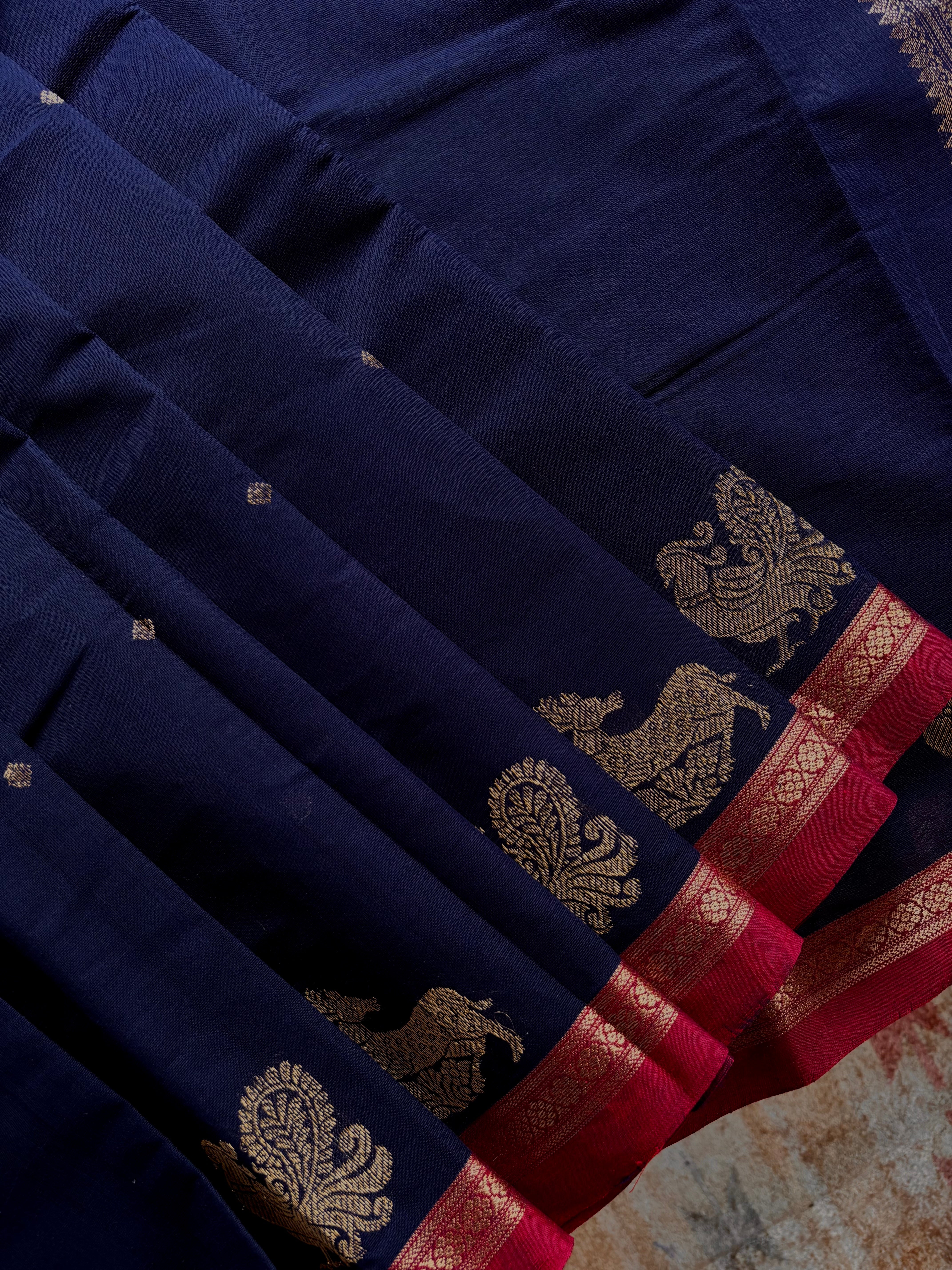 Handwoven Navy Blue Cotton Kanchipuram Saree