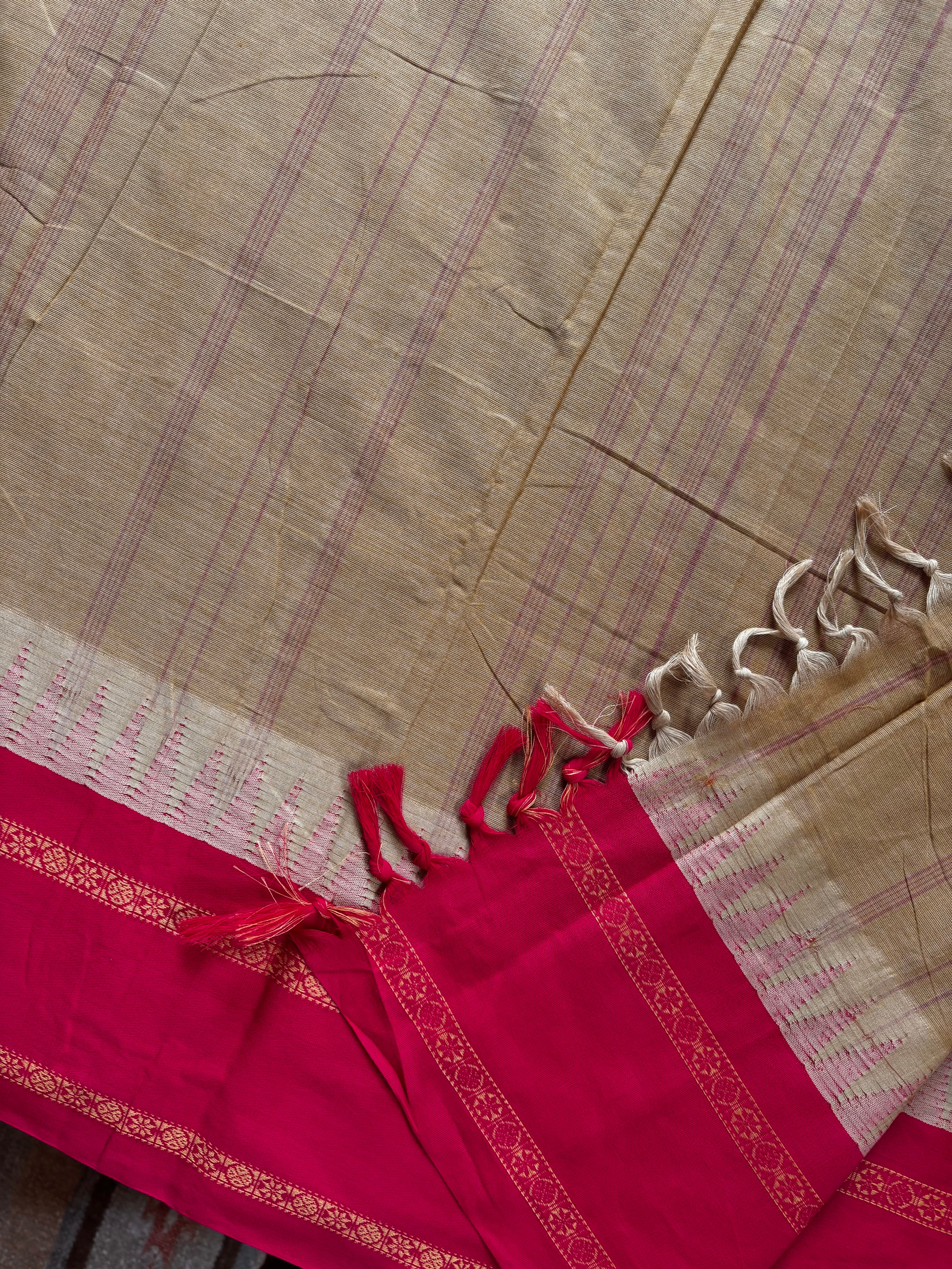 Handwoven Tussar Colour With Bright Pink Kanchipuram Cotton Saree