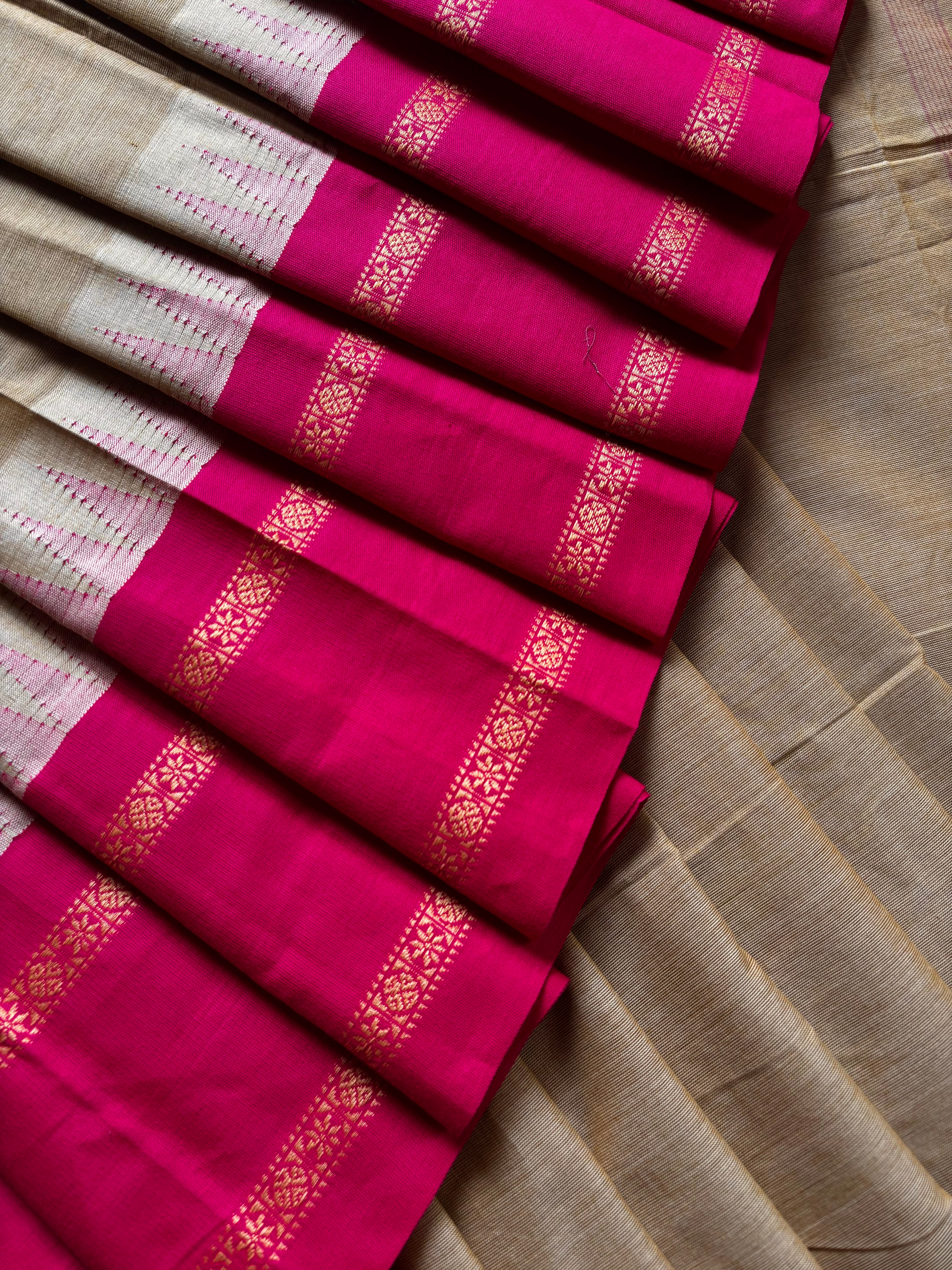 Handwoven Tussar Colour With Bright Pink Kanchipuram Cotton Saree