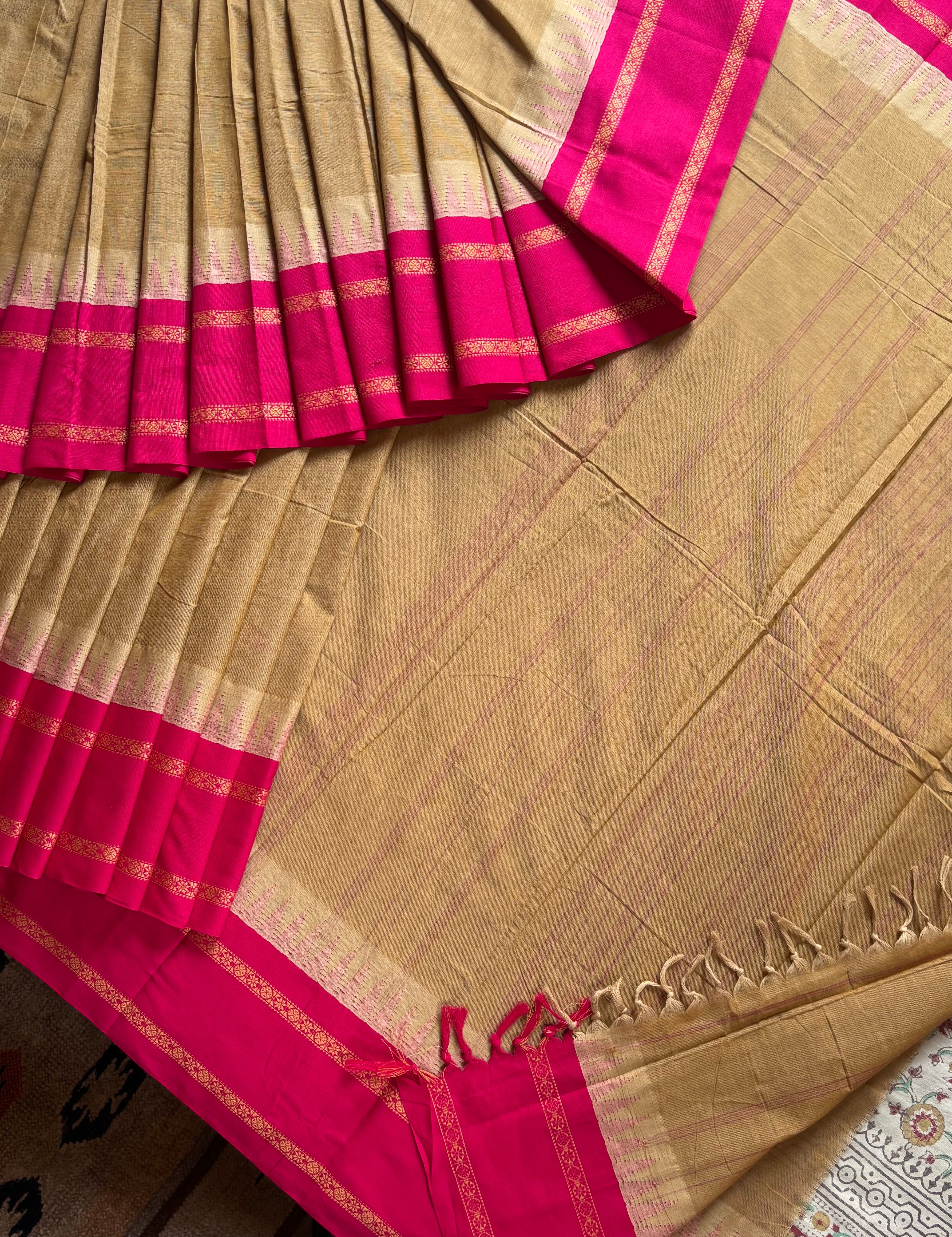 Handwoven Tussar Colour With Bright Pink Kanchipuram Cotton Saree