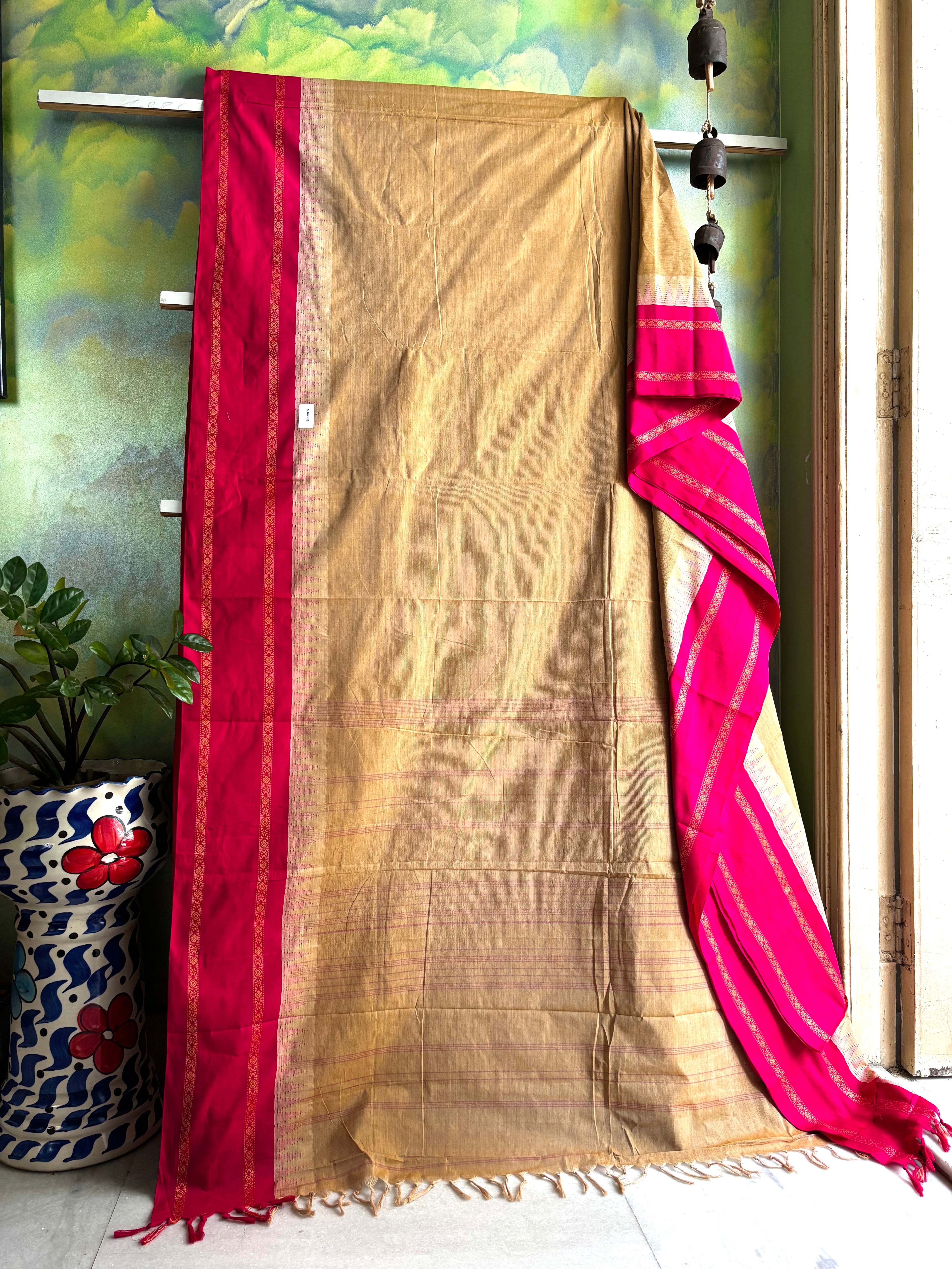 Handwoven Tussar Colour With Bright Pink Kanchipuram Cotton Saree