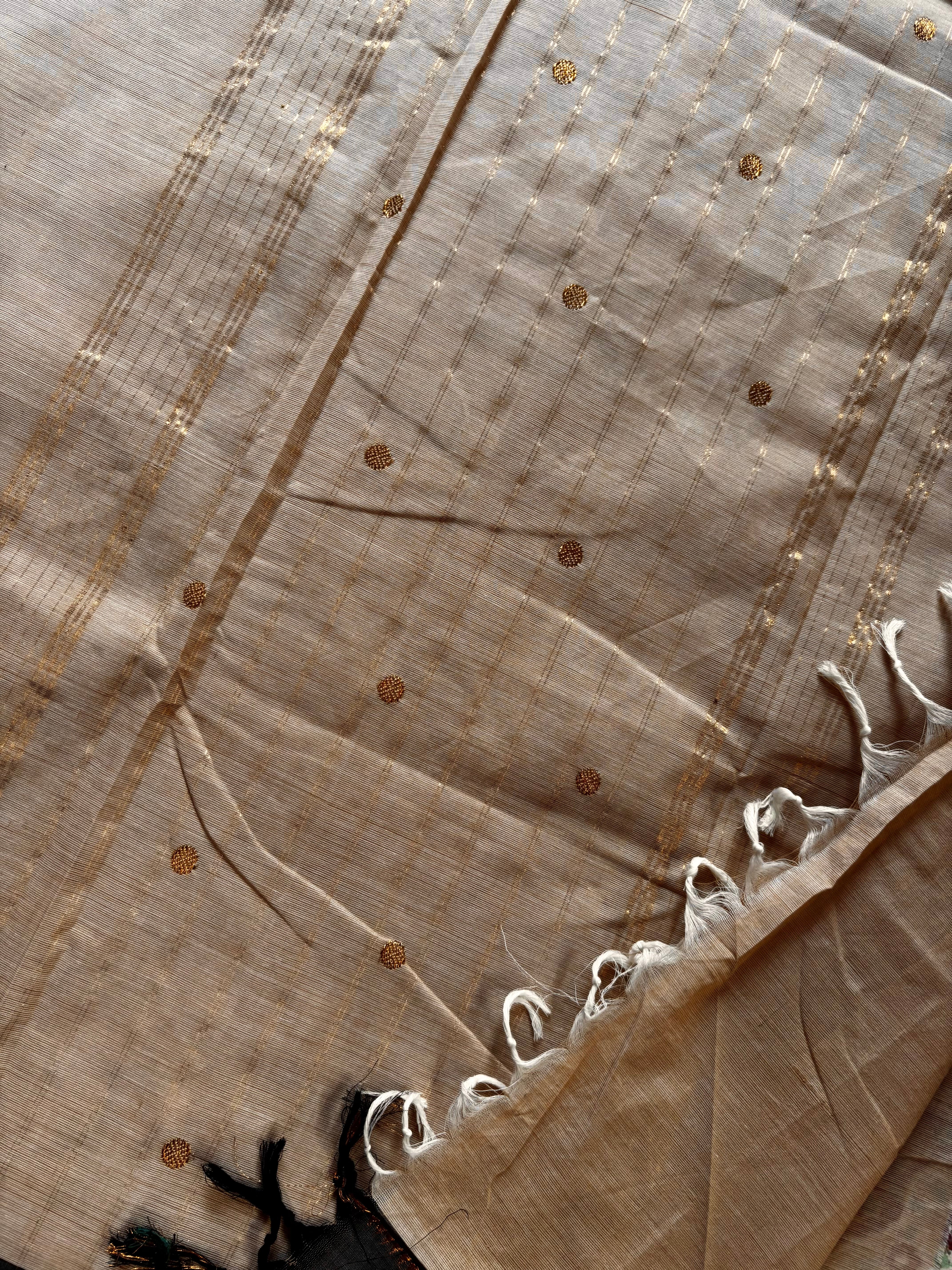 Handwoven Beige Black Cotton Kanchipuram Saree