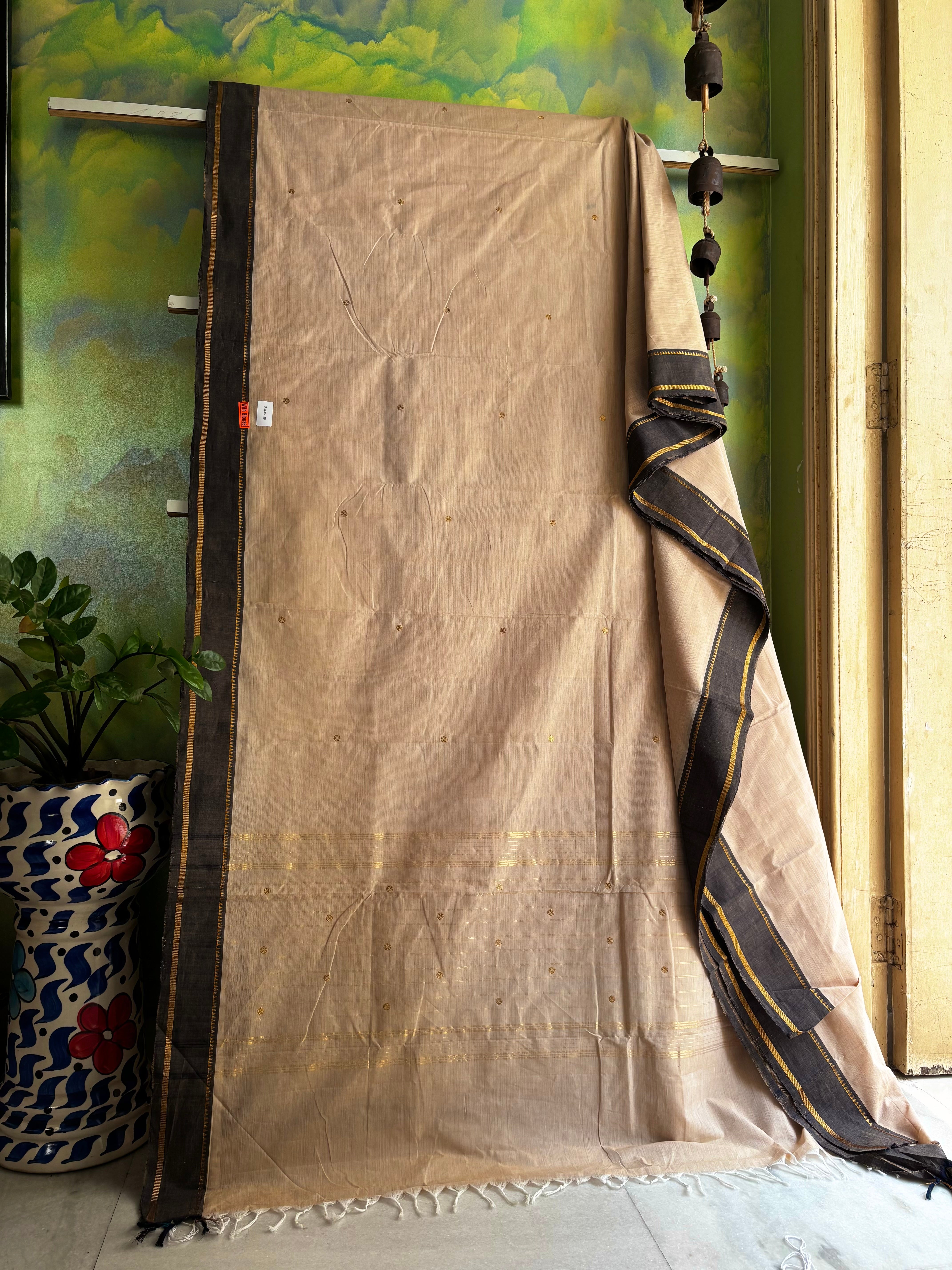 Handwoven Beige Black Cotton Kanchipuram Saree