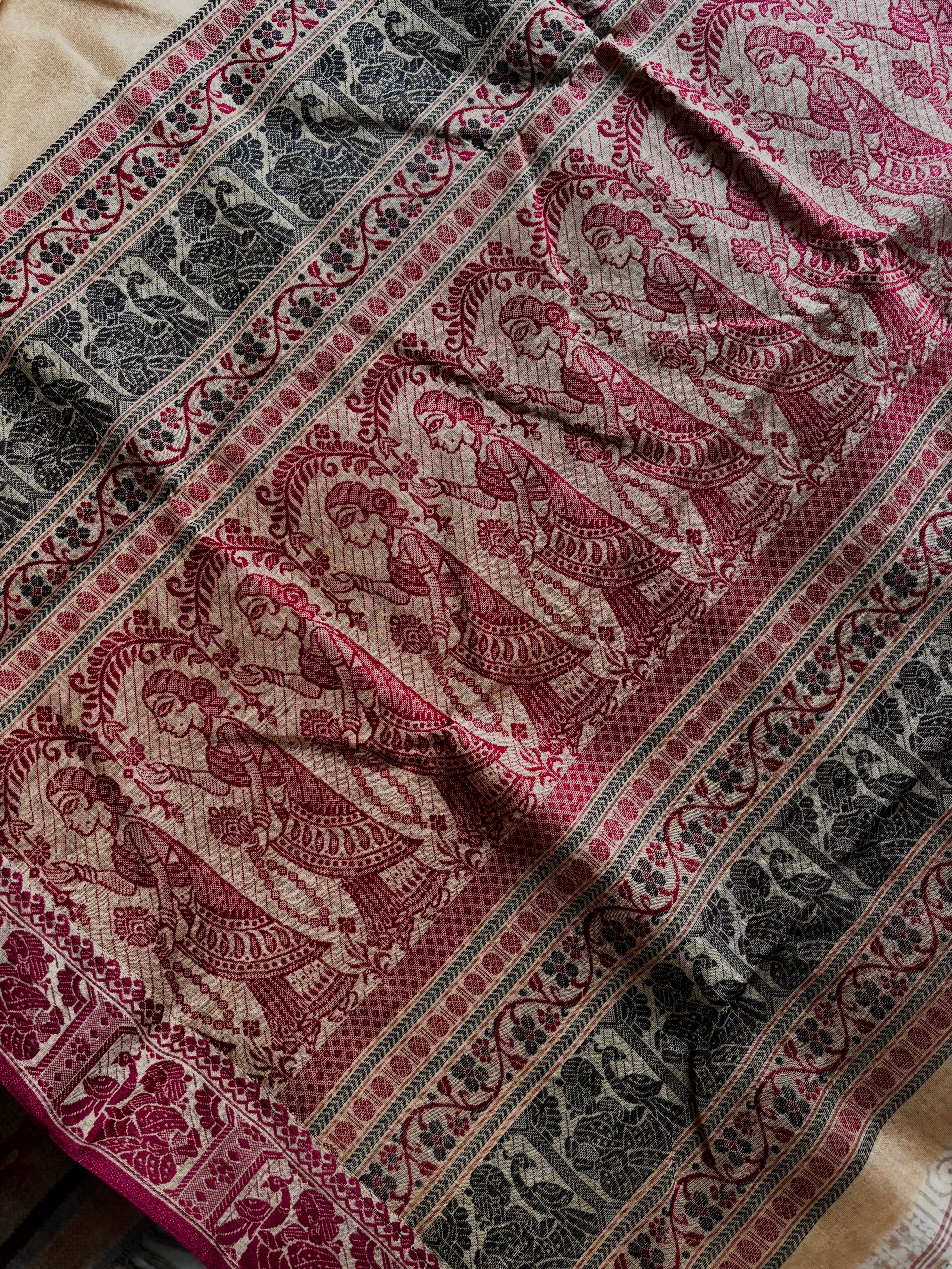 Handwoven Beige Maroon Colour Cotton Baluchari Saree