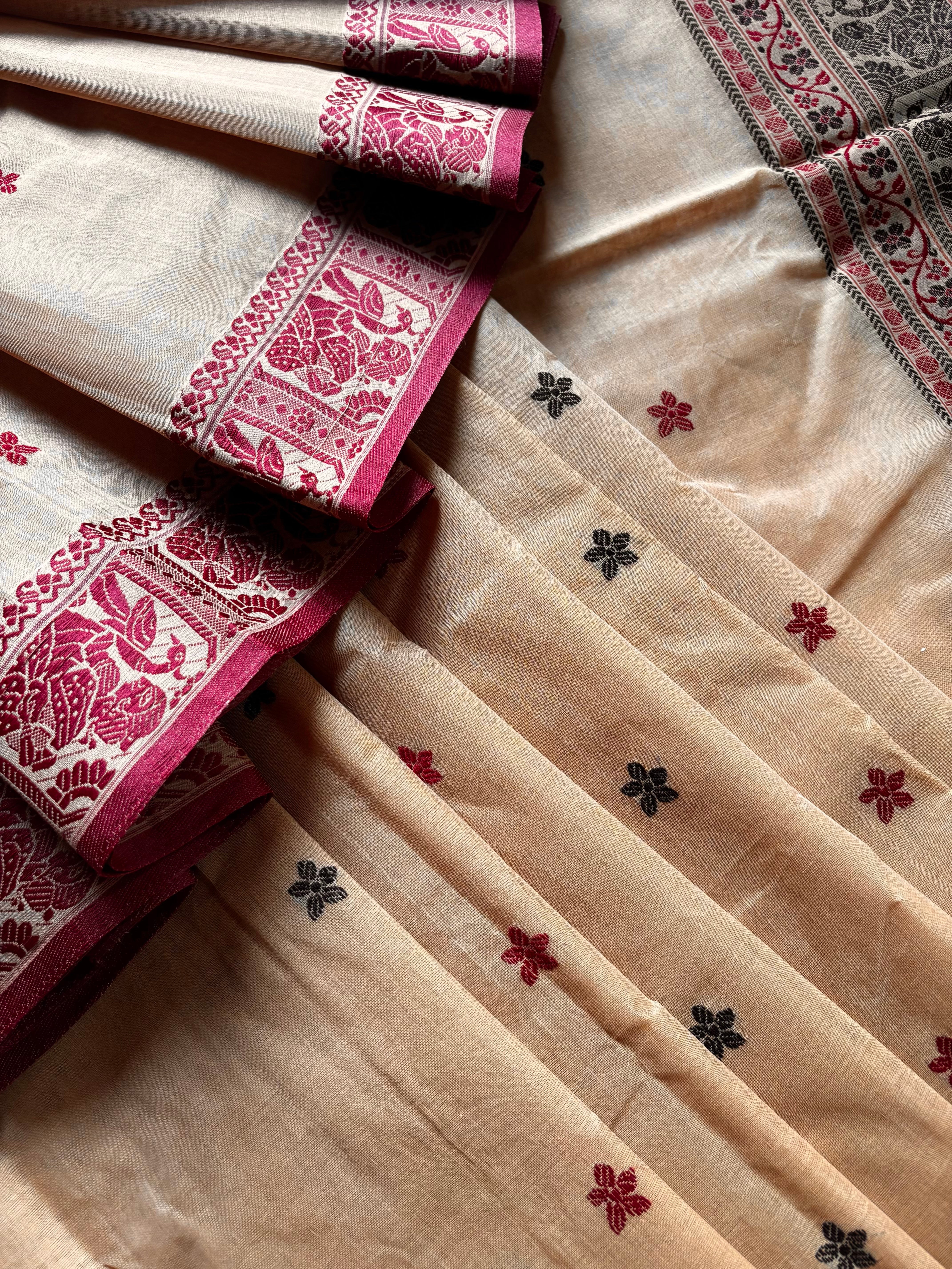 Handwoven Beige Maroon Colour Cotton Baluchari Saree
