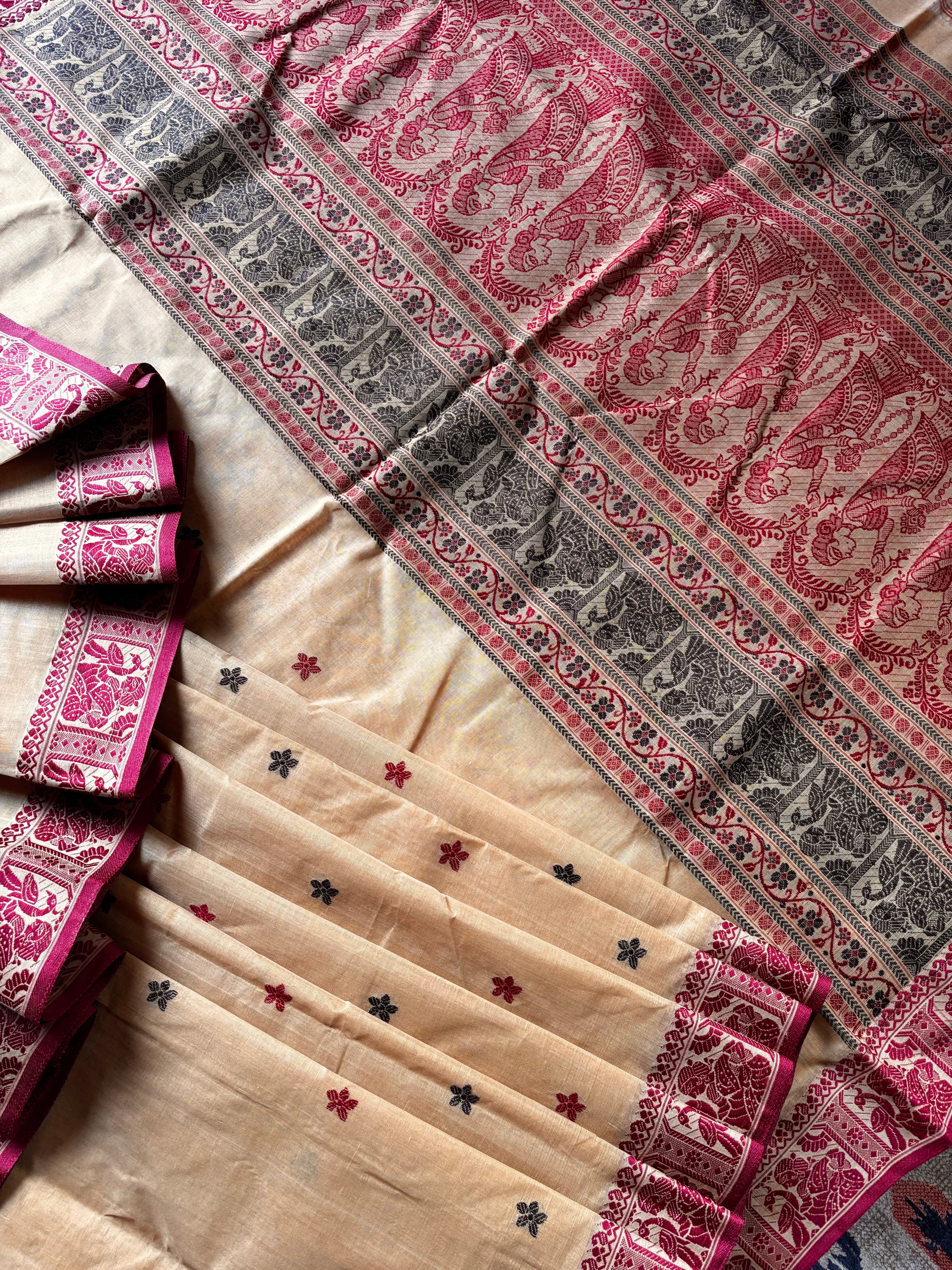 Handwoven Beige Maroon Colour Cotton Baluchari Saree