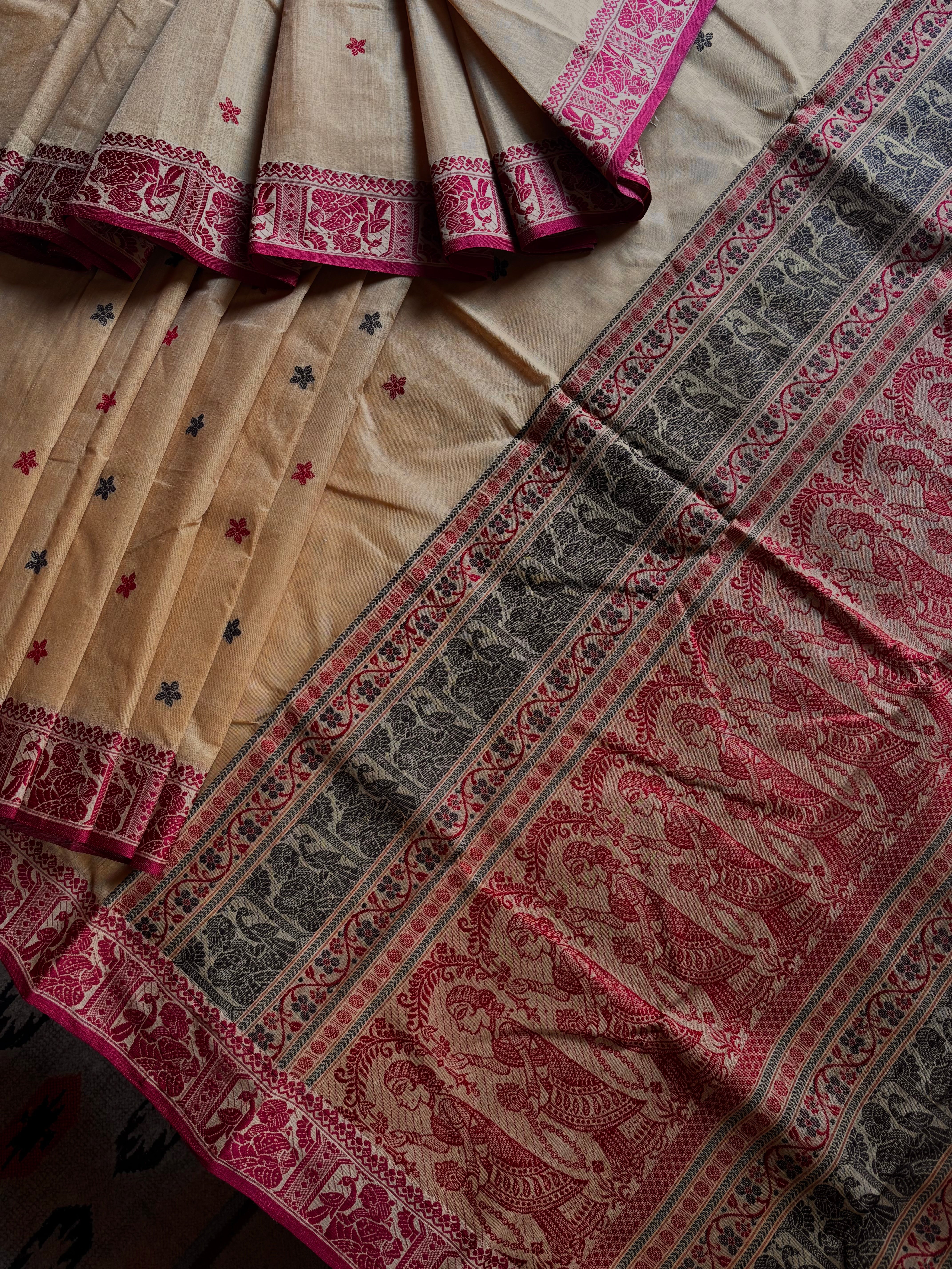 Handwoven Beige Maroon Colour Cotton Baluchari Saree