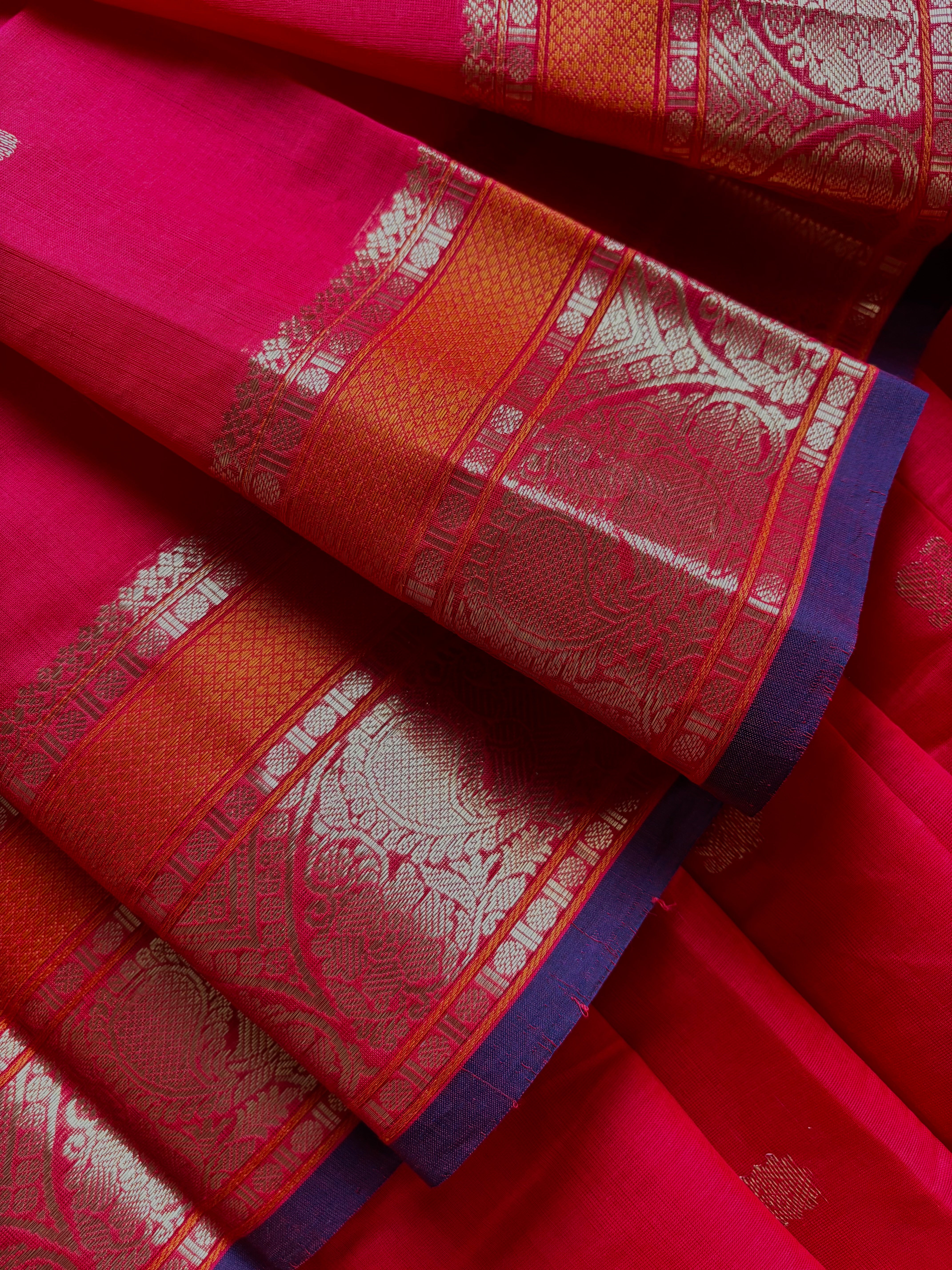 Handwoven Red Cotton Kanchipuram Saree