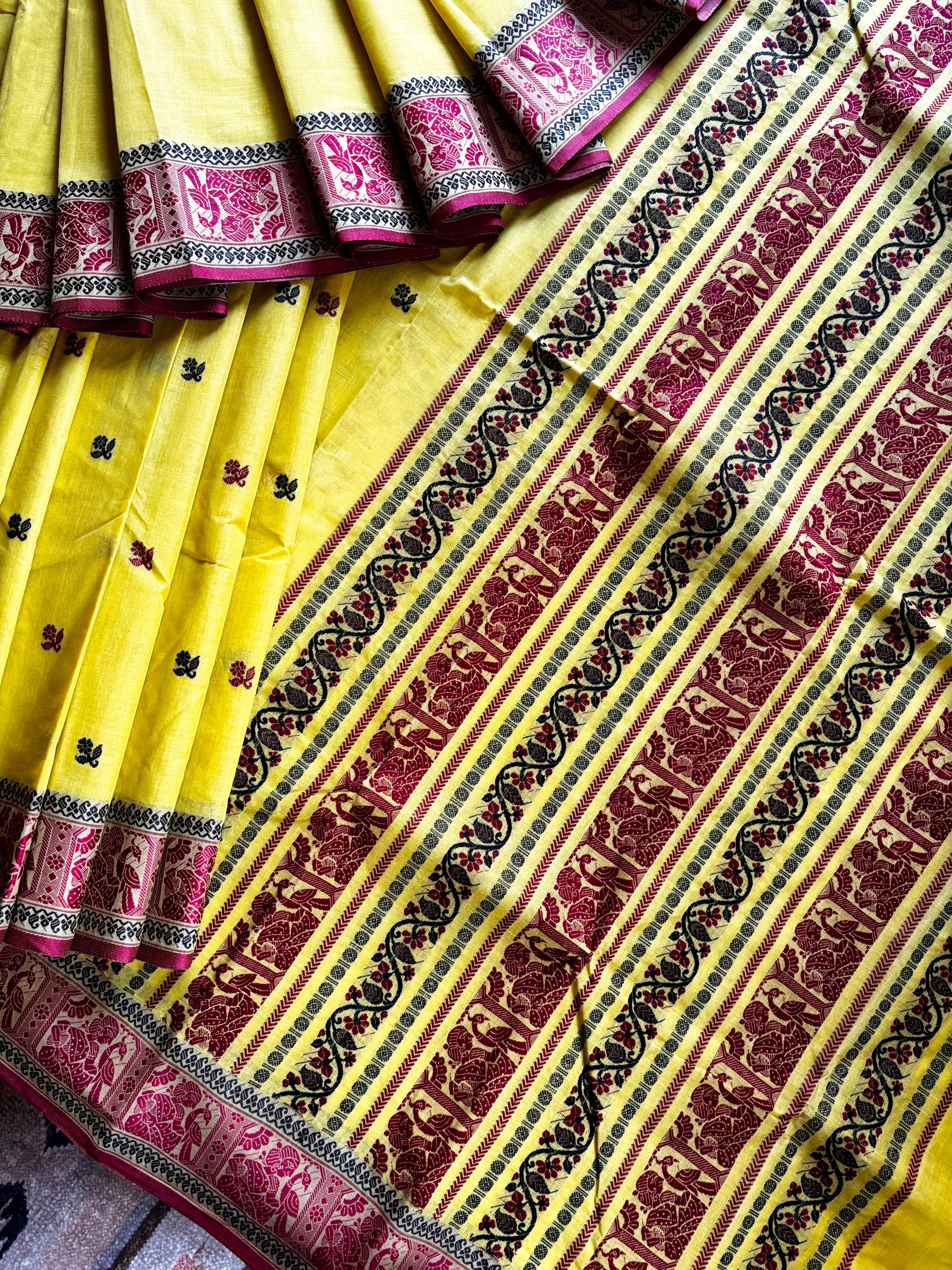 Handwoven Lemon Yellow Colour Cotton Baluchari Saree