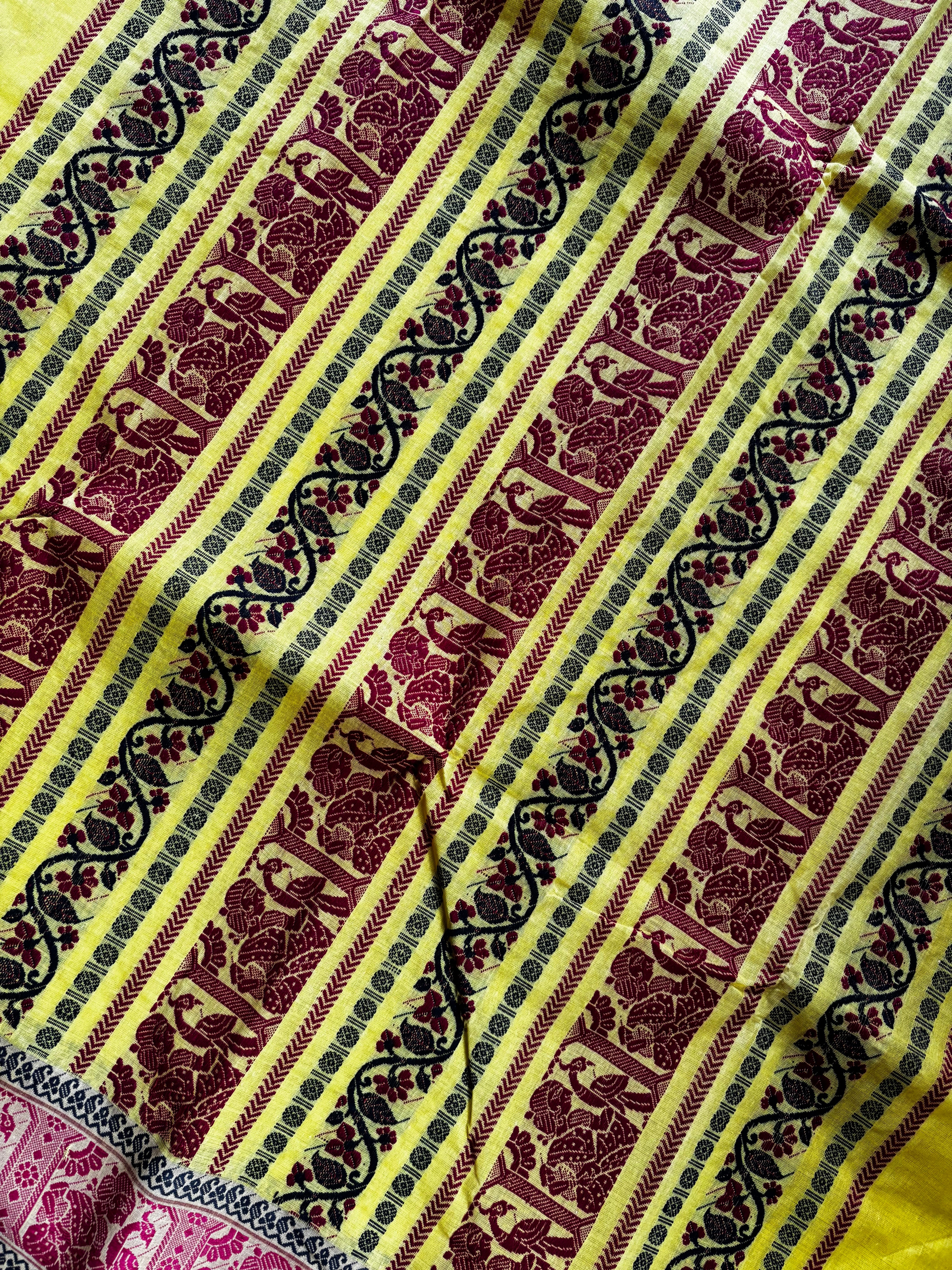 Handwoven Lemon Yellow Colour Cotton Baluchari Saree