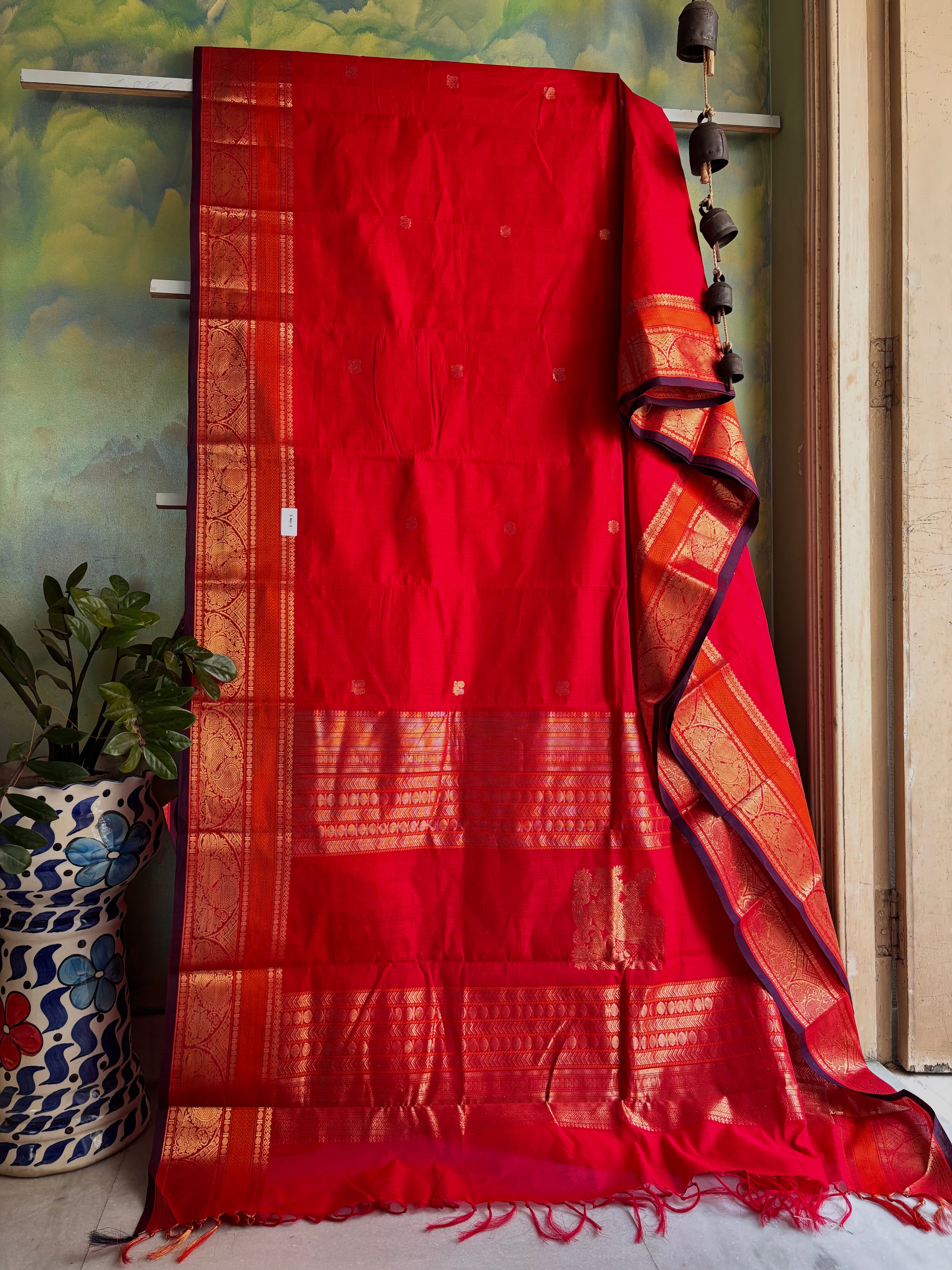 Handwoven Red Cotton Kanchipuram Saree