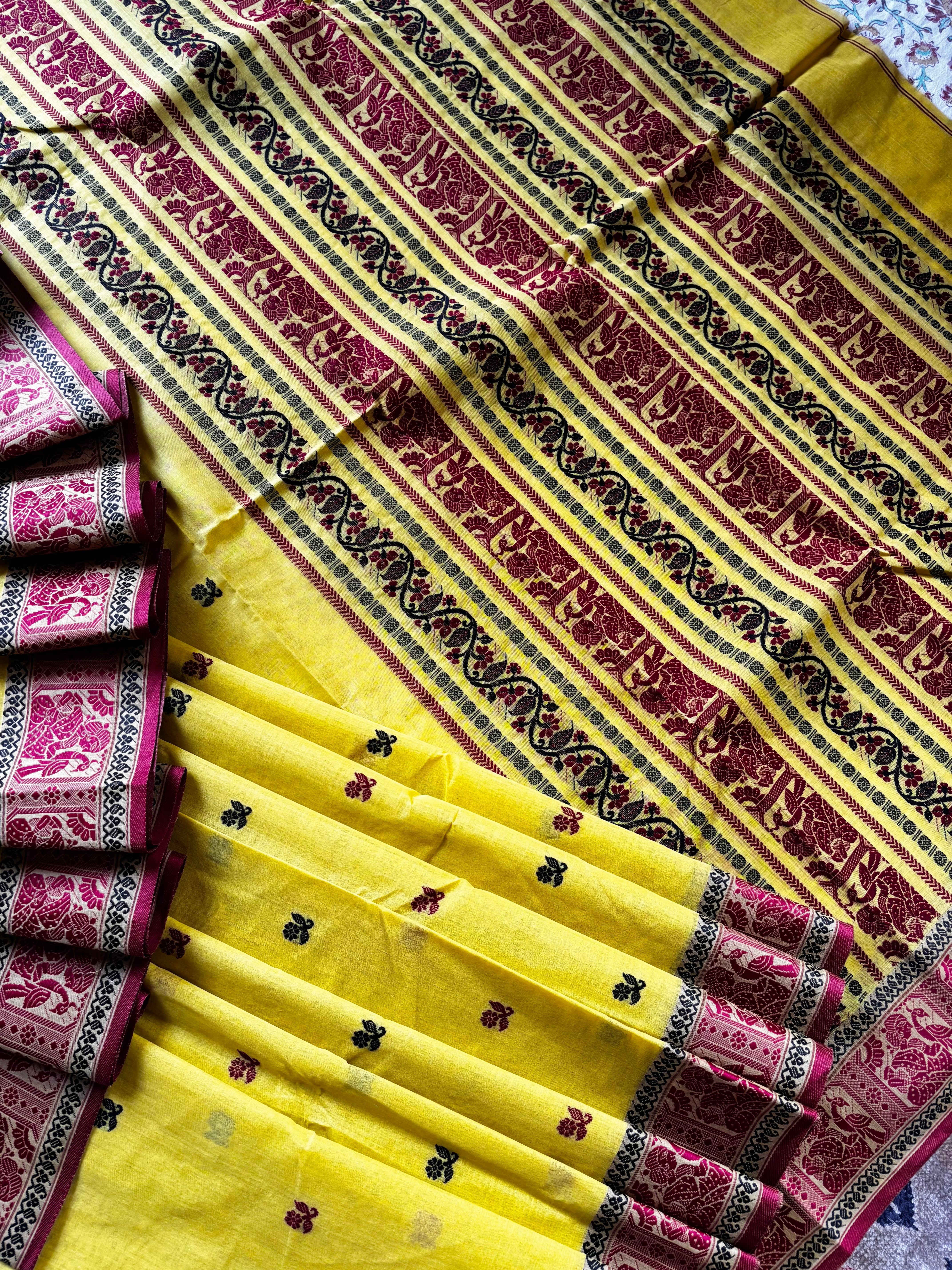 Handwoven Lemon Yellow Colour Cotton Baluchari Saree
