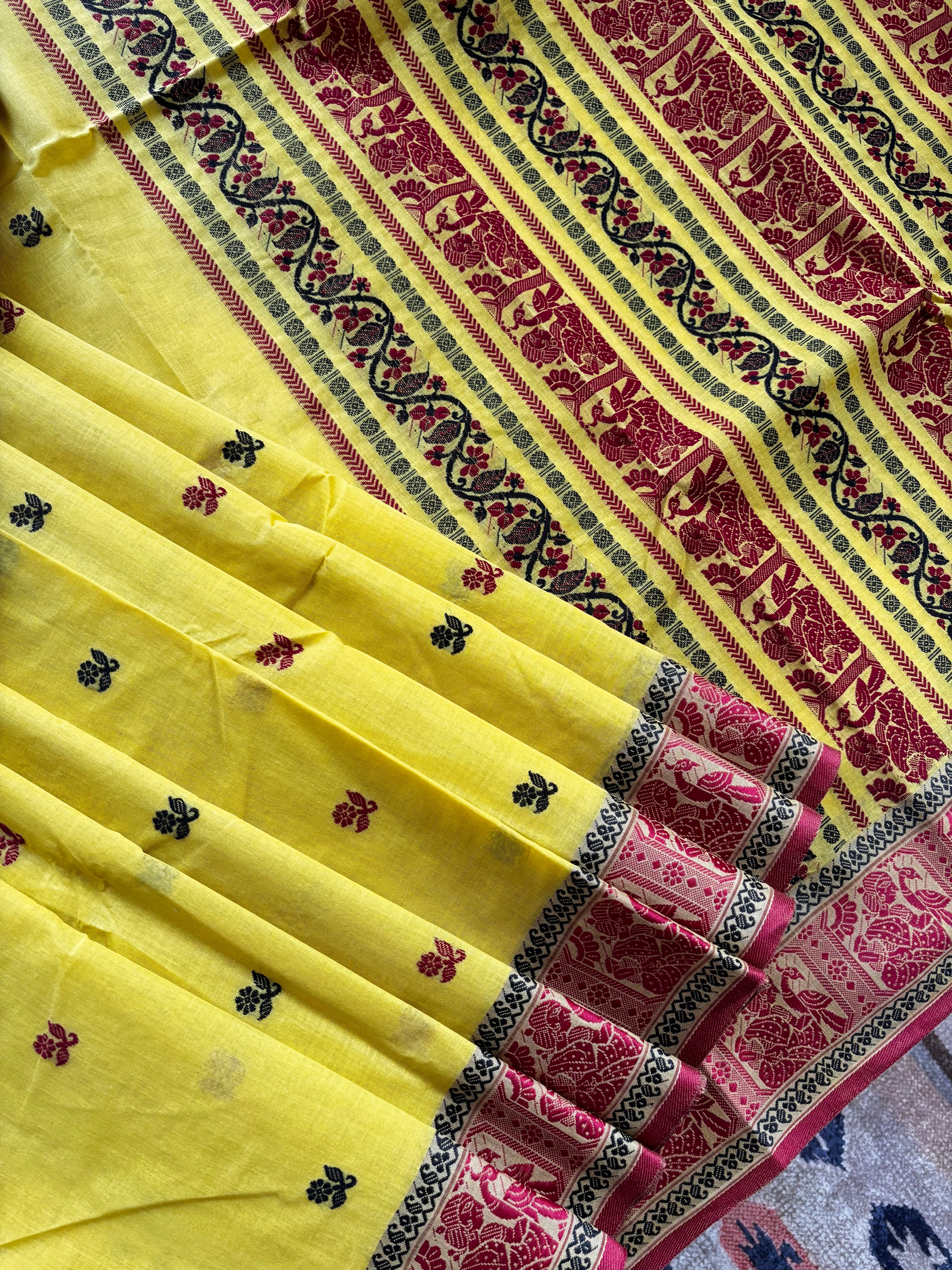 Handwoven Lemon Yellow Colour Cotton Baluchari Saree
