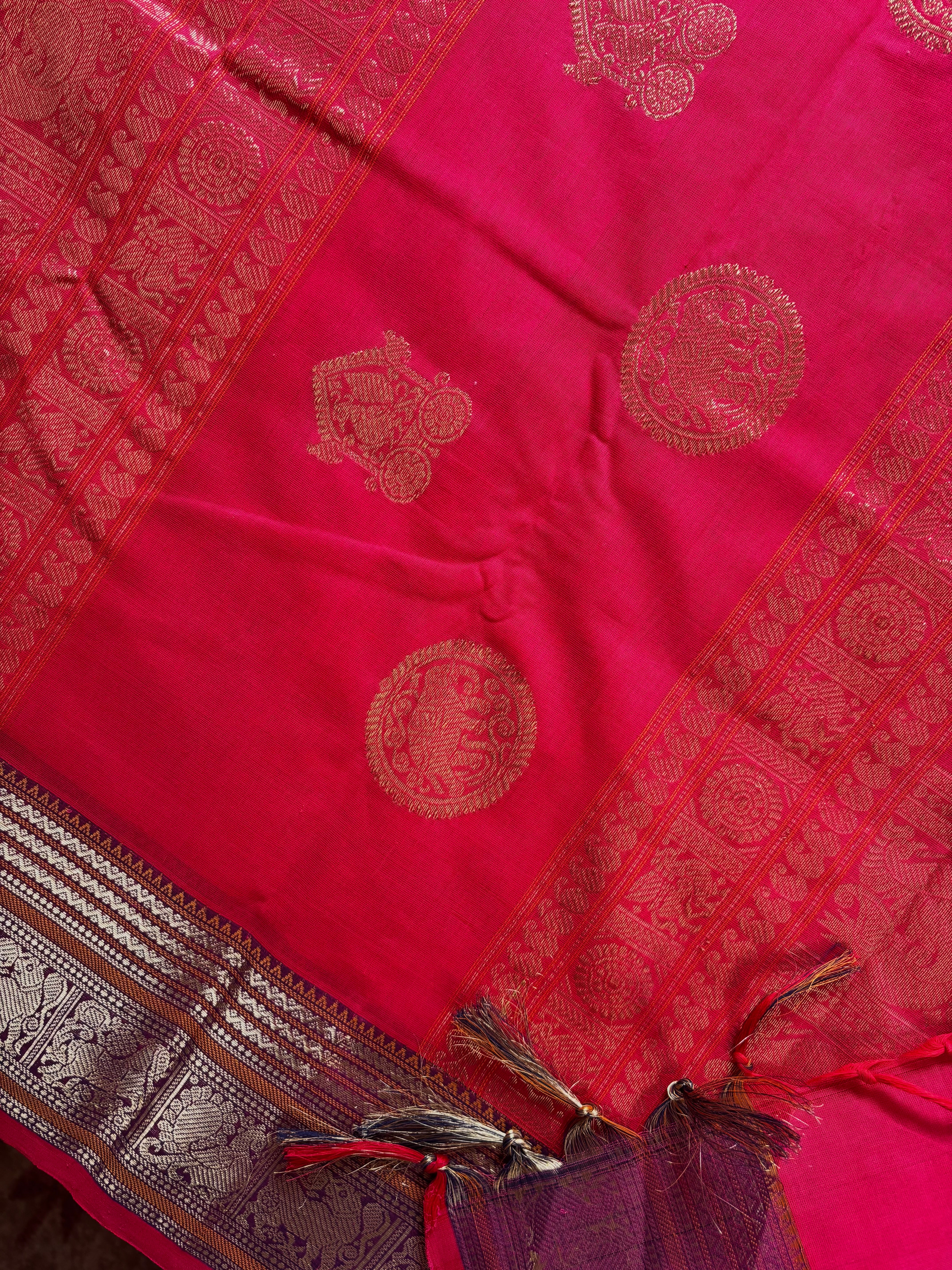 Handwoven Reddish Pink Cotton Kanchipuram Saree
