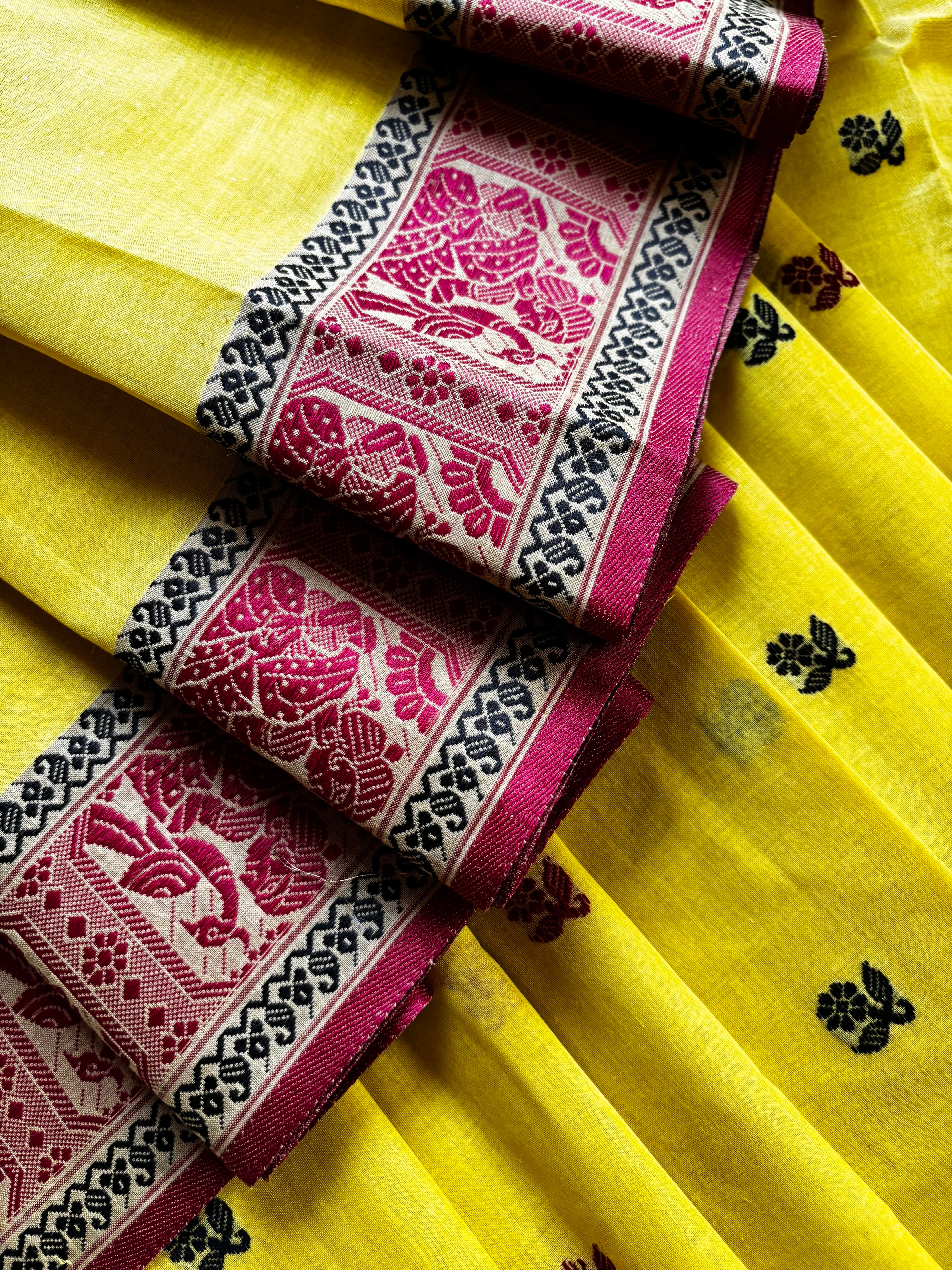 Handwoven Lemon Yellow Colour Cotton Baluchari Saree